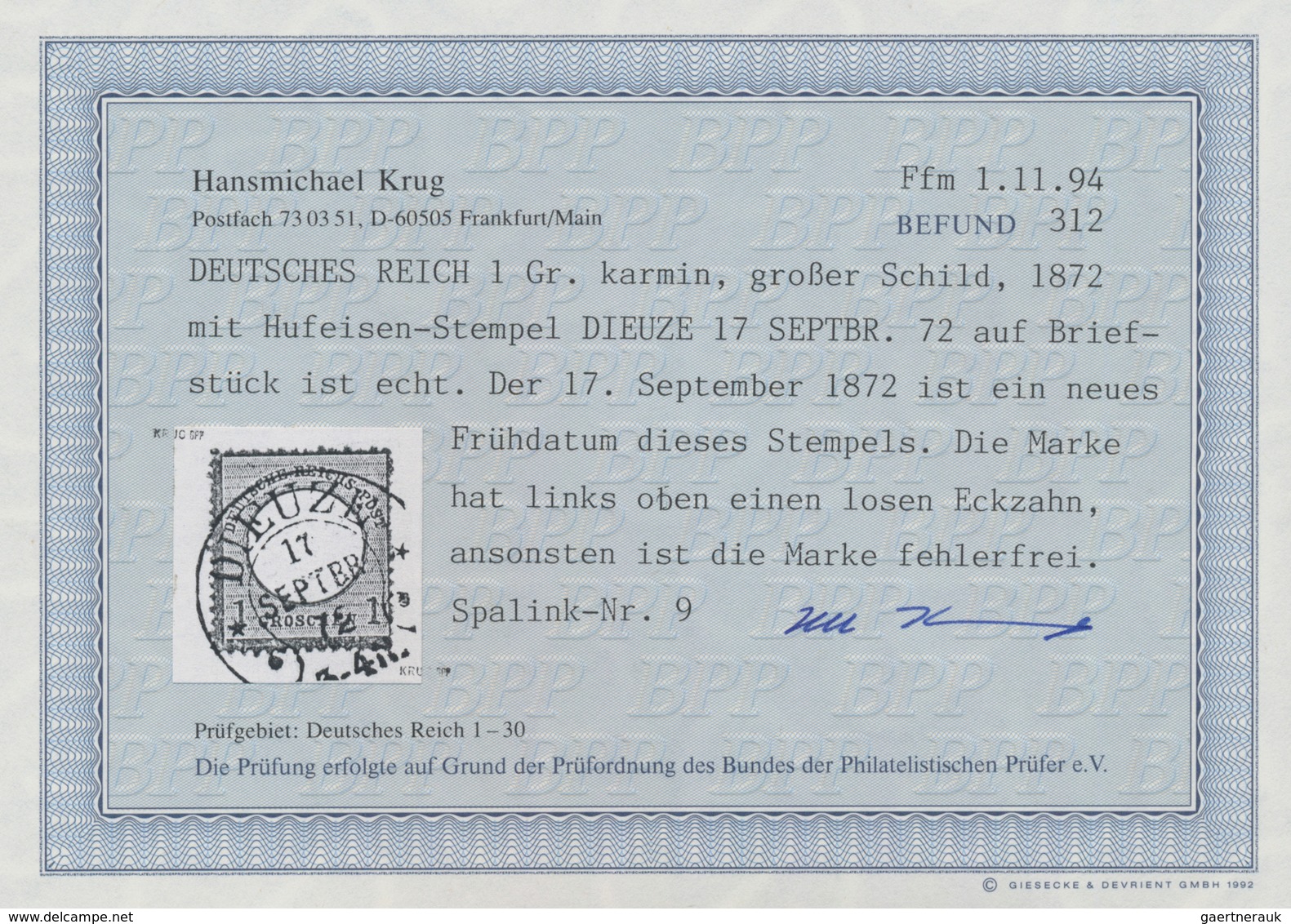 Deutsches Reich - Hufeisenstempel: DIEUZE 17 SEPBR 72 Auf Briefstück Mit Großer Schild 1 Gr. Karmin - Maschinenstempel (EMA)