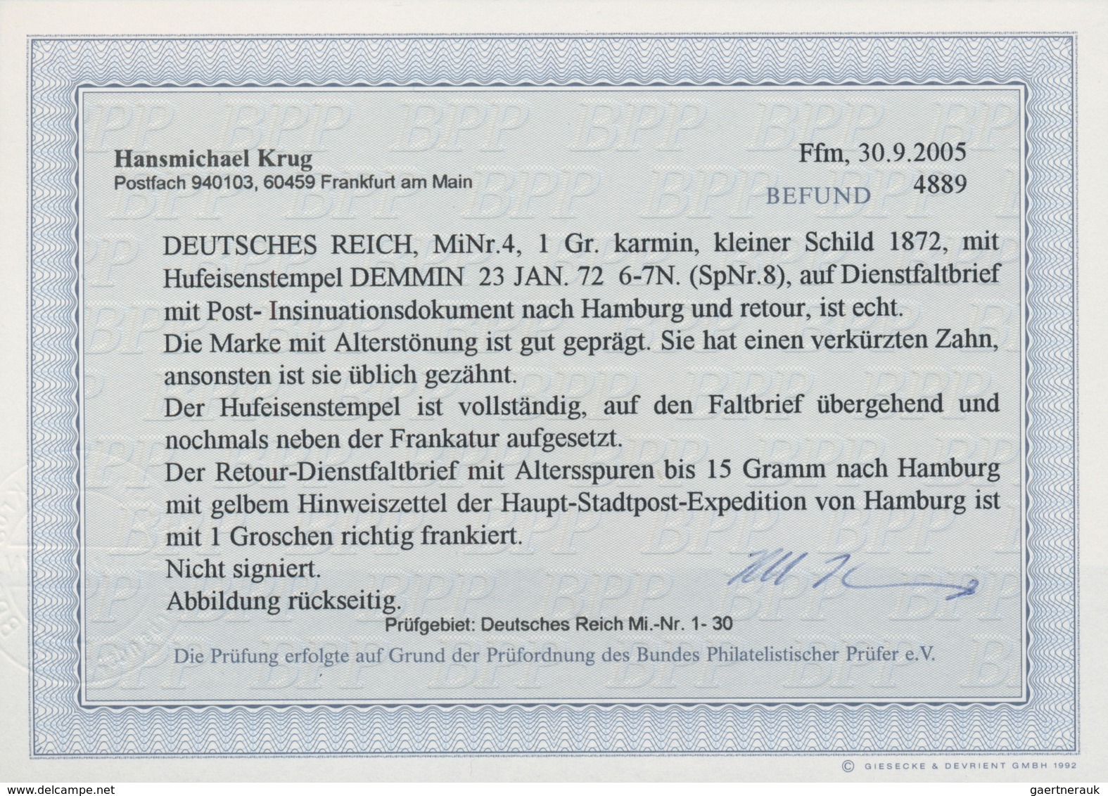 Deutsches Reich - Hufeisenstempel: DEMMIN 23 JAN 73 Auf Dienstbrief Mit Kleiner Schild 1 Gr. Und Ret - Franking Machines (EMA)