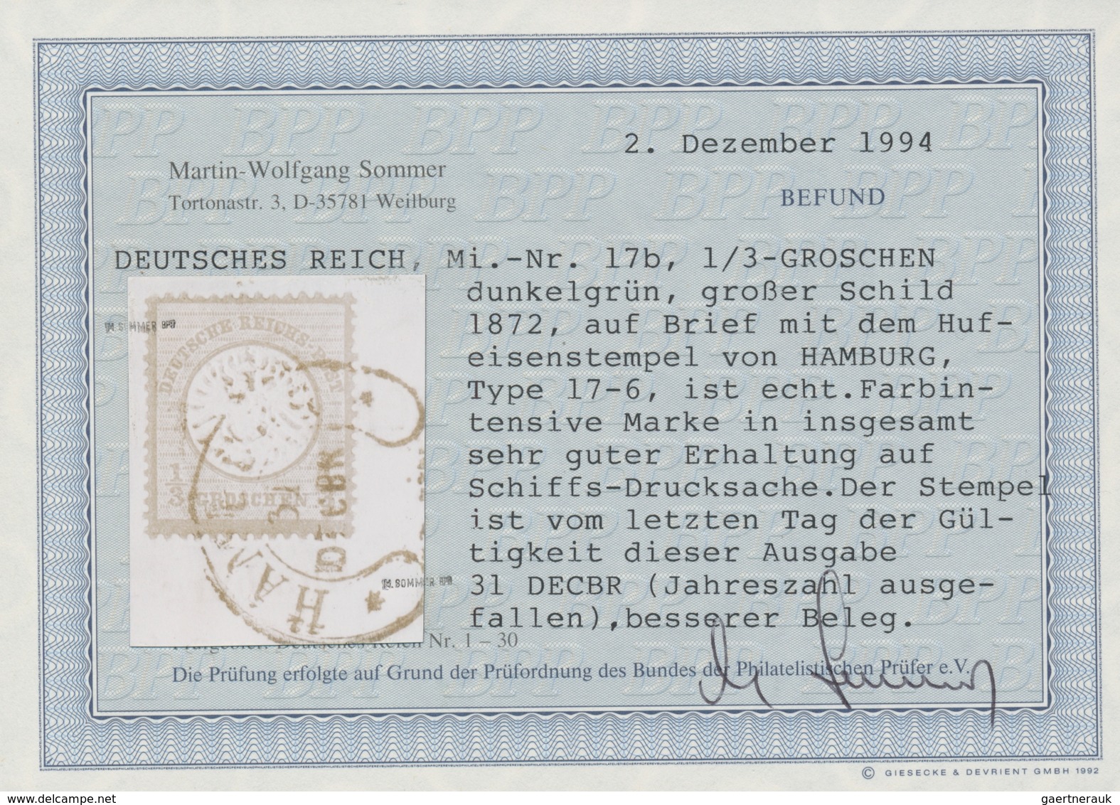 Deutsches Reich - Hufeisenstempel: HAMBURG 31 DECBR (1874) LETZTTAGS-STEMPEL Auf Schiffs-Drucksache - Franking Machines (EMA)