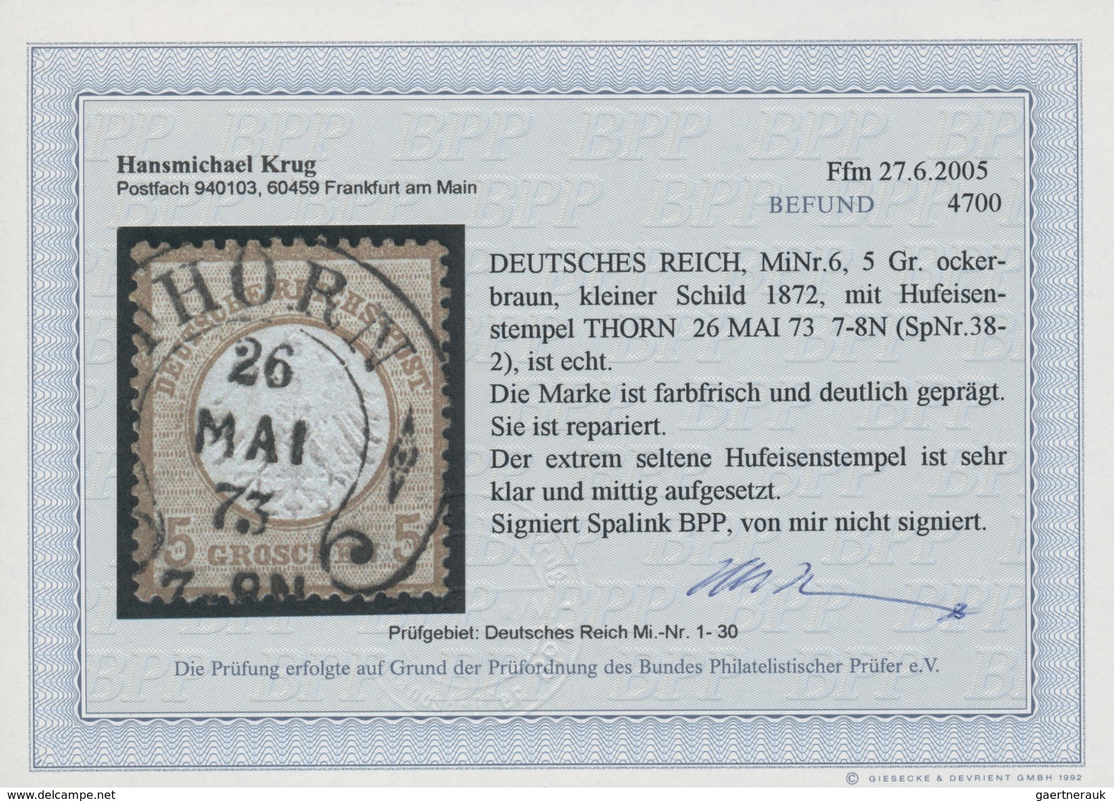 Deutsches Reich - Hufeisenstempel: THORN 26 MAI 73 (Spal. 38-2 Mit Zier-Rauten) Auf Kl. Schild 5 Gr. - Franking Machines (EMA)