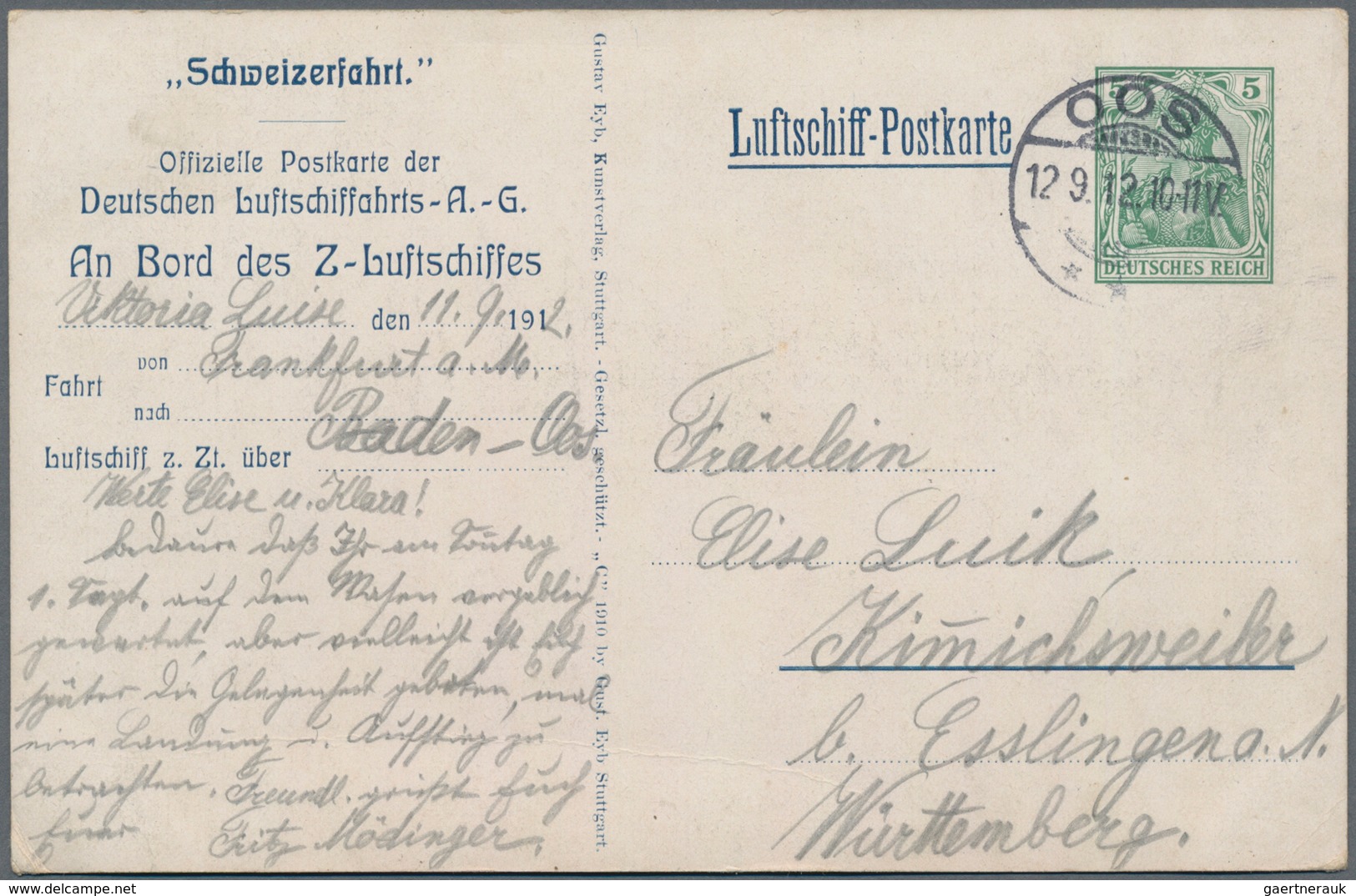 Deutsches Reich - Besonderheiten: 1912, VIKTORIA LUISE- OOS-WEISSENBURG-OOS, Luftschiff-Postkarte Mi - Andere & Zonder Classificatie