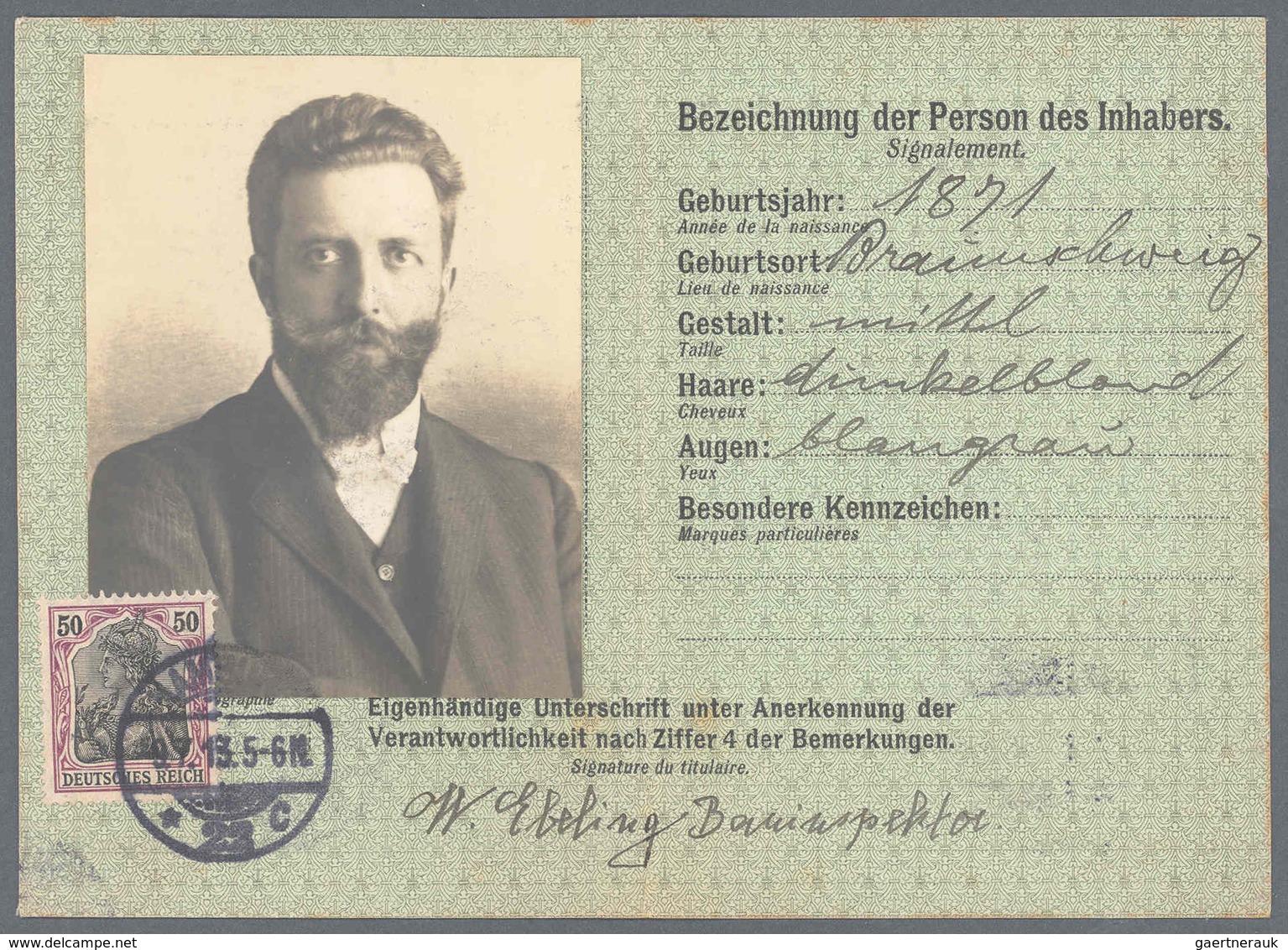 Deutsches Reich - Besonderheiten: 1913, Grüne Postausweiskarte Mit EF 50 Pf. Germania Friedensdruck - Andere & Zonder Classificatie