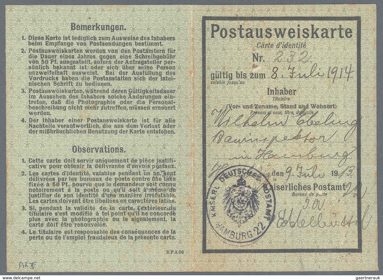 Deutsches Reich - Besonderheiten: 1913, Grüne Postausweiskarte Mit EF 50 Pf. Germania Friedensdruck - Autres & Non Classés