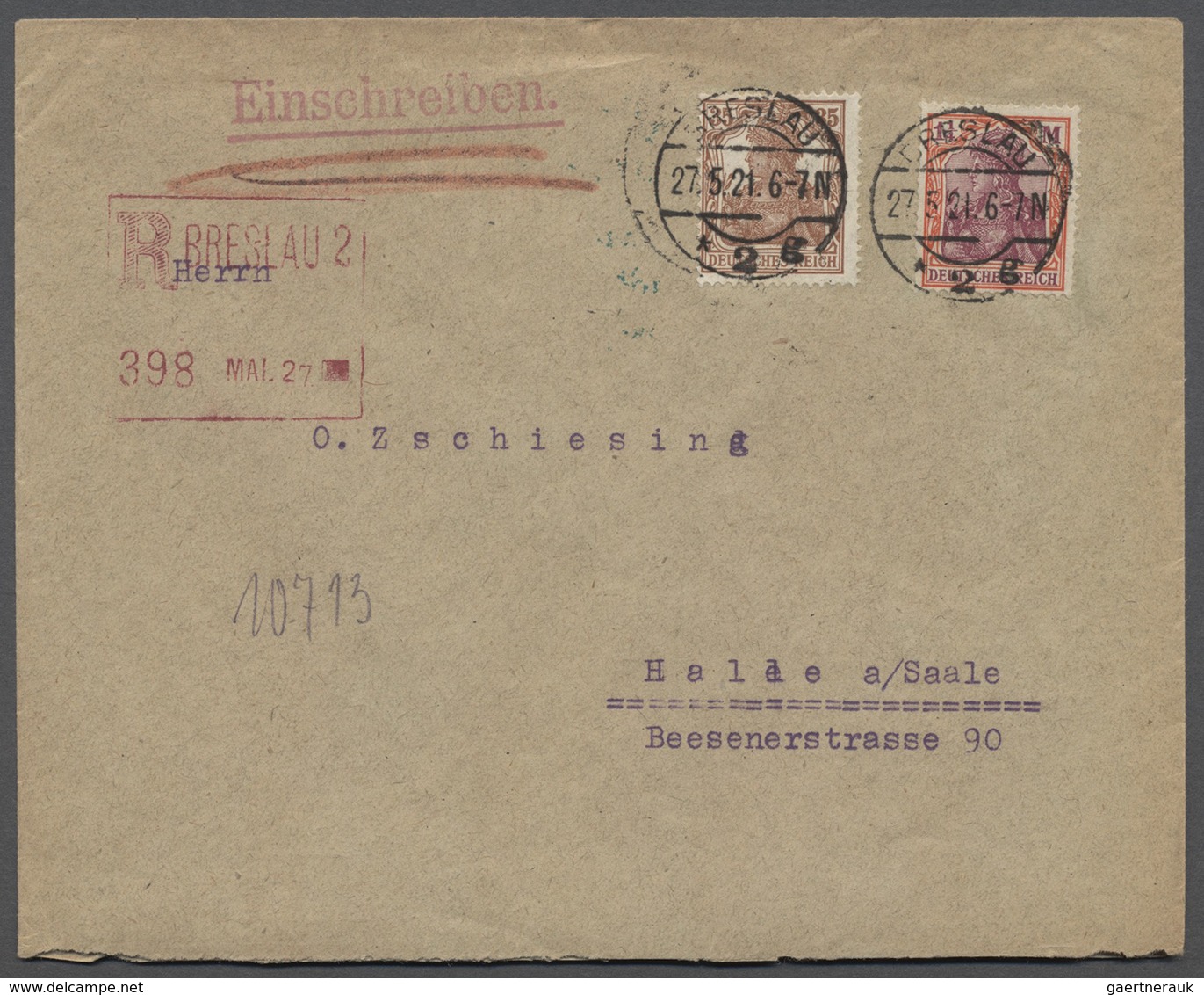 Deutsches Reich - Besonderheiten: 1921, R-Brief Von Breslau Nach Halle/Saale Mit 2 Germania-Ausgaben - Sonstige & Ohne Zuordnung