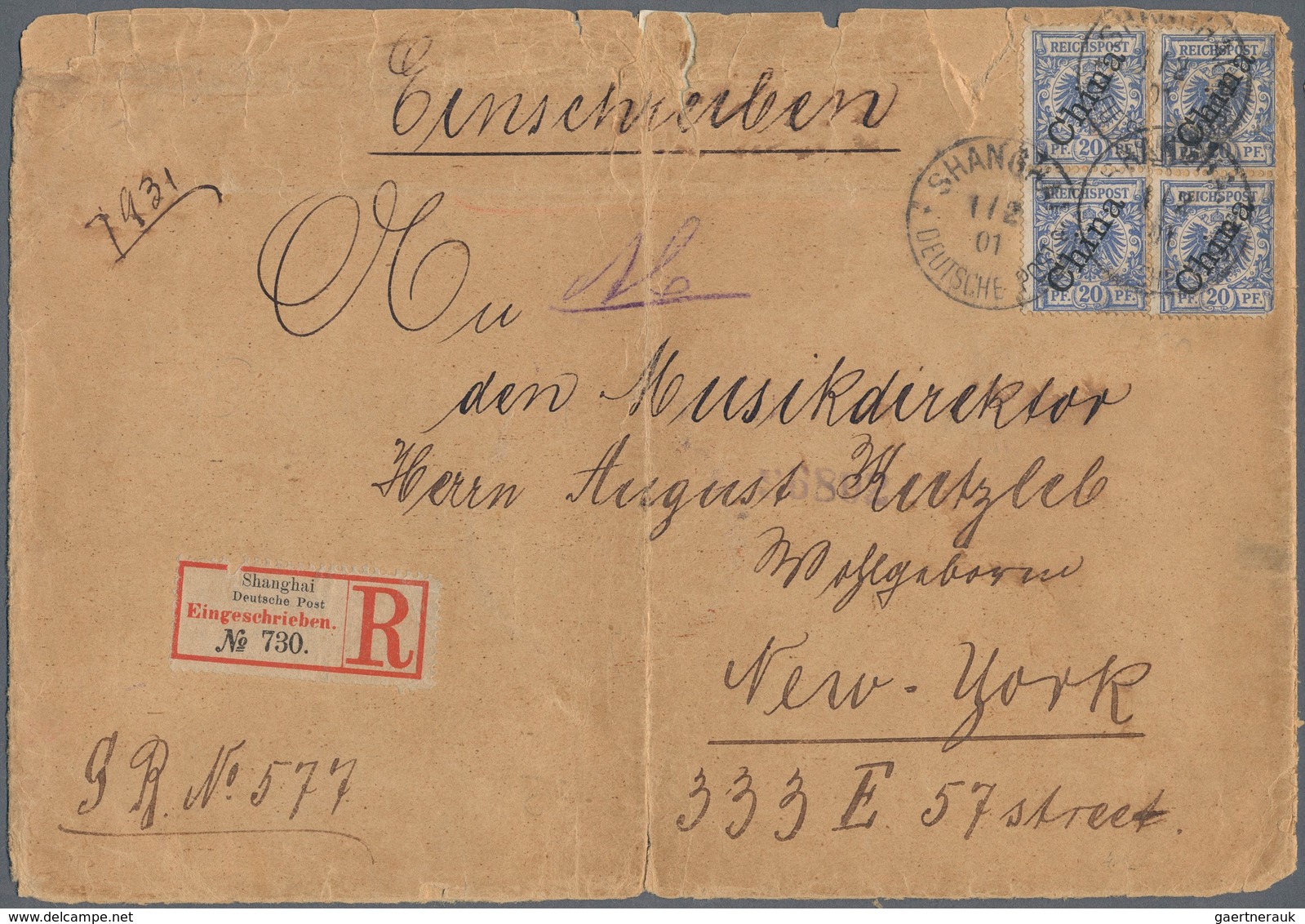 Deutsche Post In China: 1901, 20 Pfg. Steiler Aufdruck, Zwei Senkrechte Paare Auf R-Brief De 3.Gewic - China (kantoren)