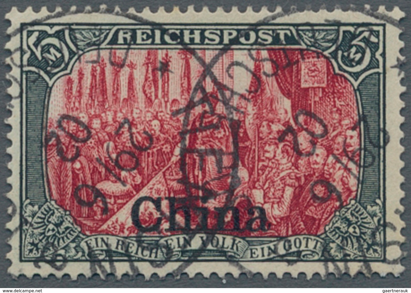 Deutsche Post In China: 1901, 5 Mark Reichspost Aufdruckwert Type III, Sauber Gestempelt Und Fehlerf - Deutsche Post In China