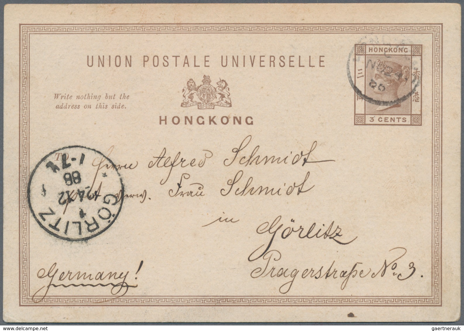Deutsche Post In China - Besonderheiten: 1888 (24.11.), 3 Cents Hongkong GA-Kte Eines Besatzungsmitg - China (kantoren)