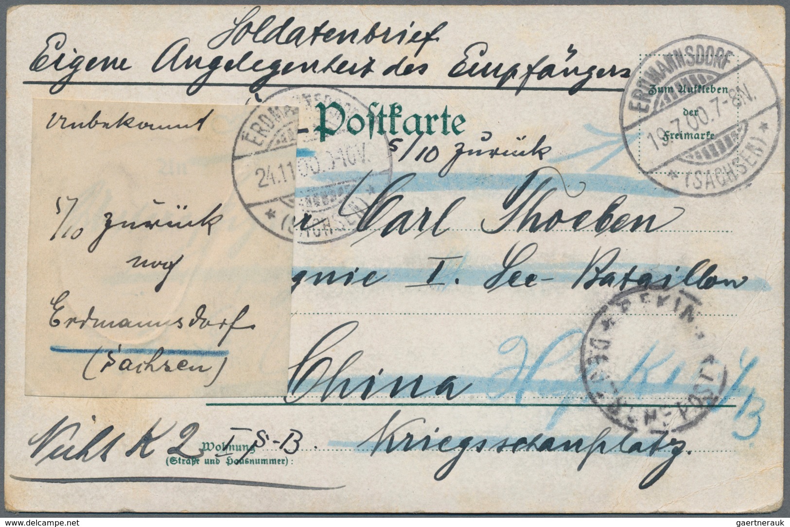 Deutsche Post In China - Besonderheiten: 1900, Feldpostkarte Aus "ERDMANNSDORF 19.7.00"  An Einen An - China (offices)