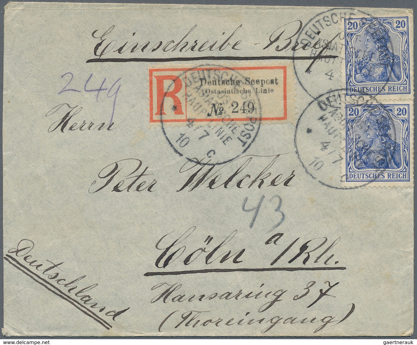 Deutsche Post In China - Besonderheiten: 1910 (4.10.), "DEUTSCHE SEEPOST OST-ASIATISCHE HAUPTLINIE C - China (offices)