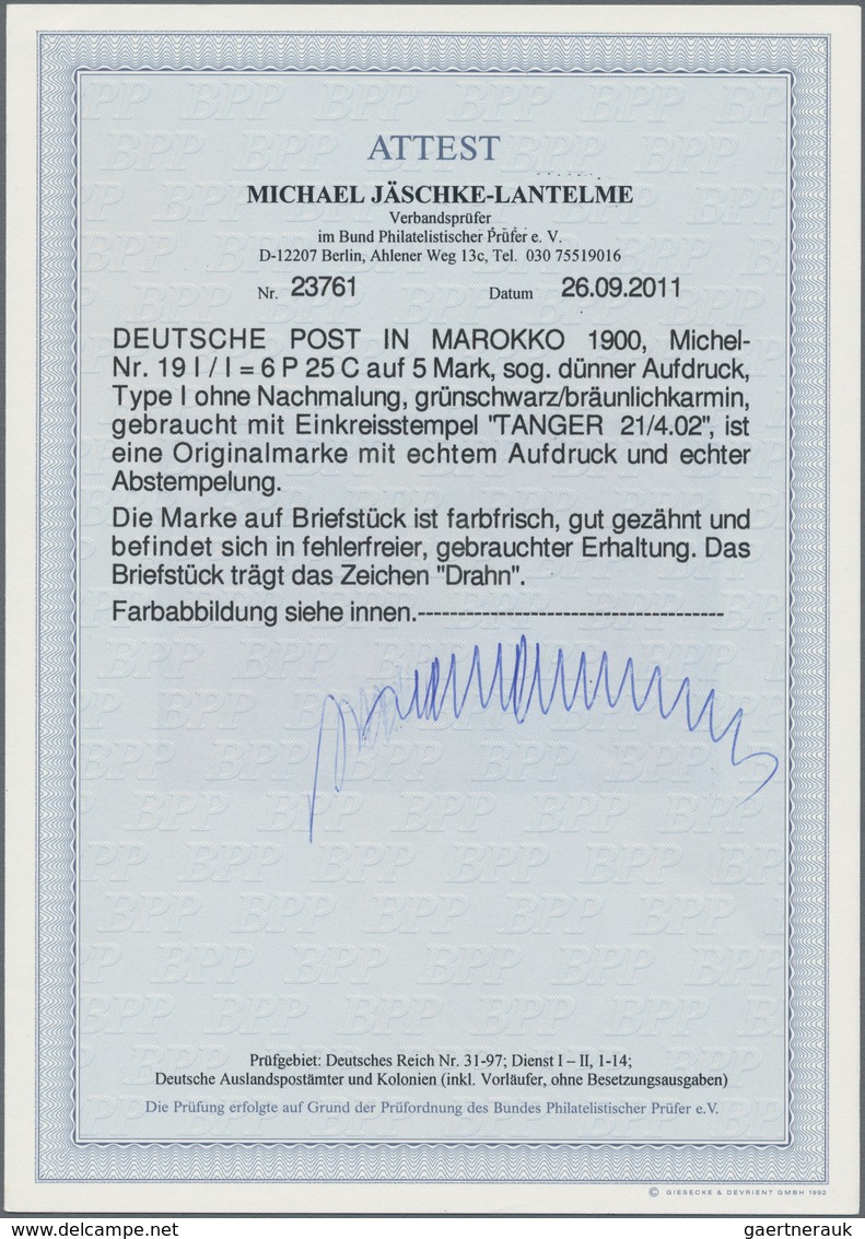 Deutsche Post In Marokko: 1900, 6 P 25 C Auf 5 Mark Reichspost, Type I, Tadellose Marke Auf Grauem B - Maroc (bureaux)