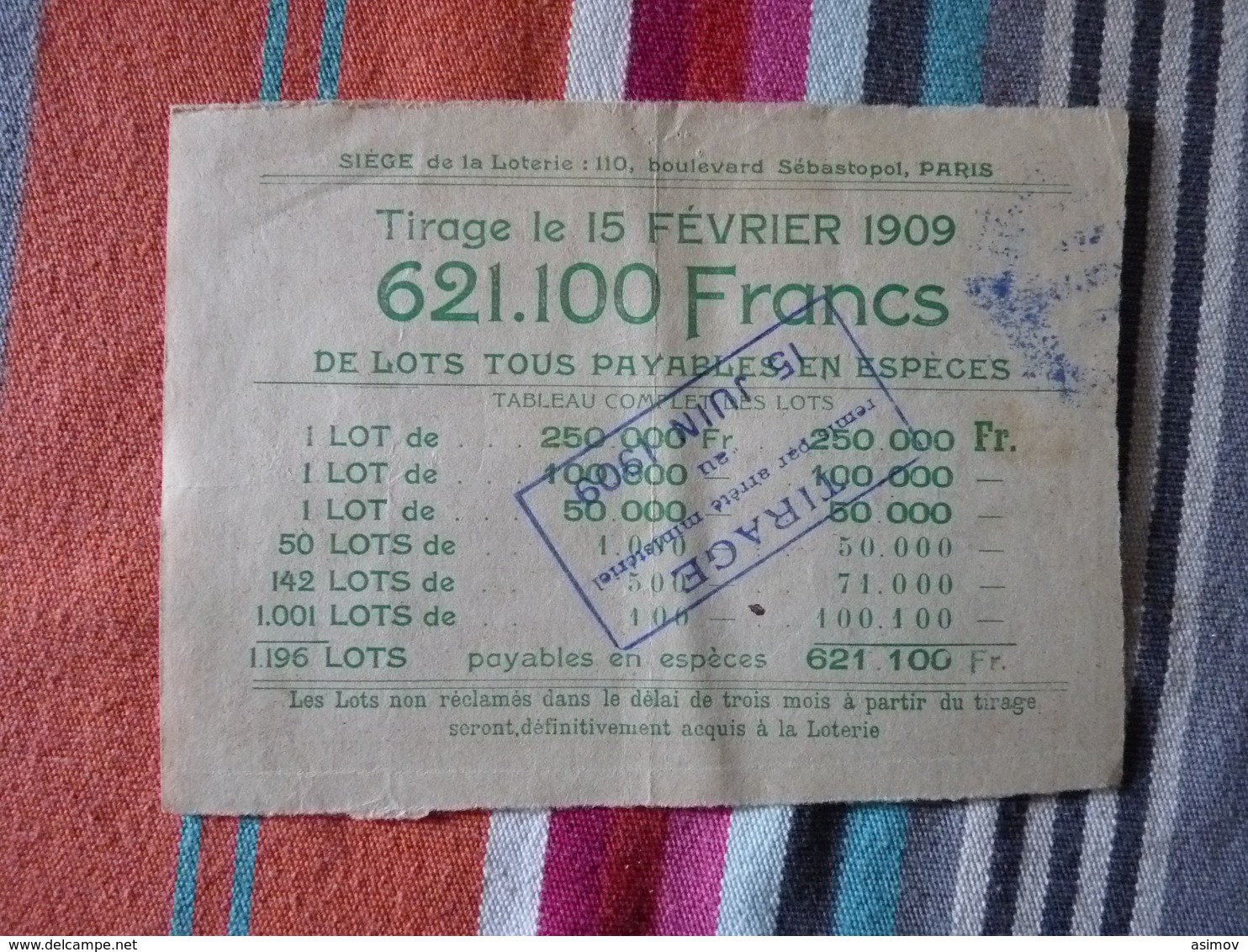 Maison De Retraite Des Artistes De Concert Et Music-hall 15 Juin 1909 - Lottery Tickets