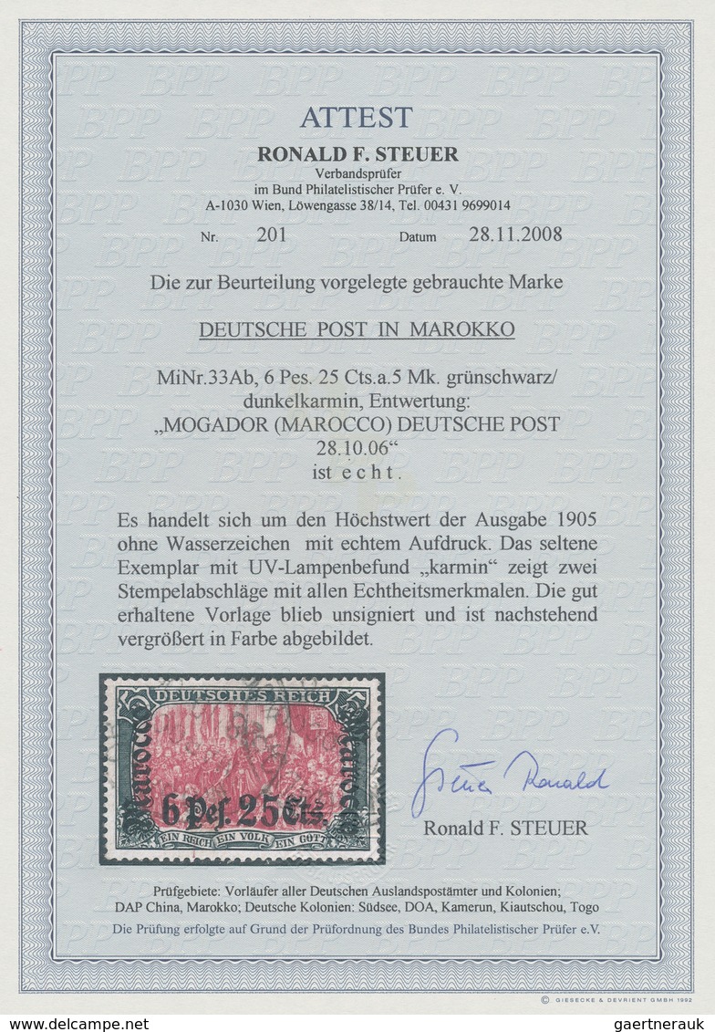 Deutsche Post In Marokko: 1905, 6 Pes. 25 C. Auf 5 Mark Grünschwarz/dunkelkarmin Zart Entwertet "MOG - Marokko (kantoren)
