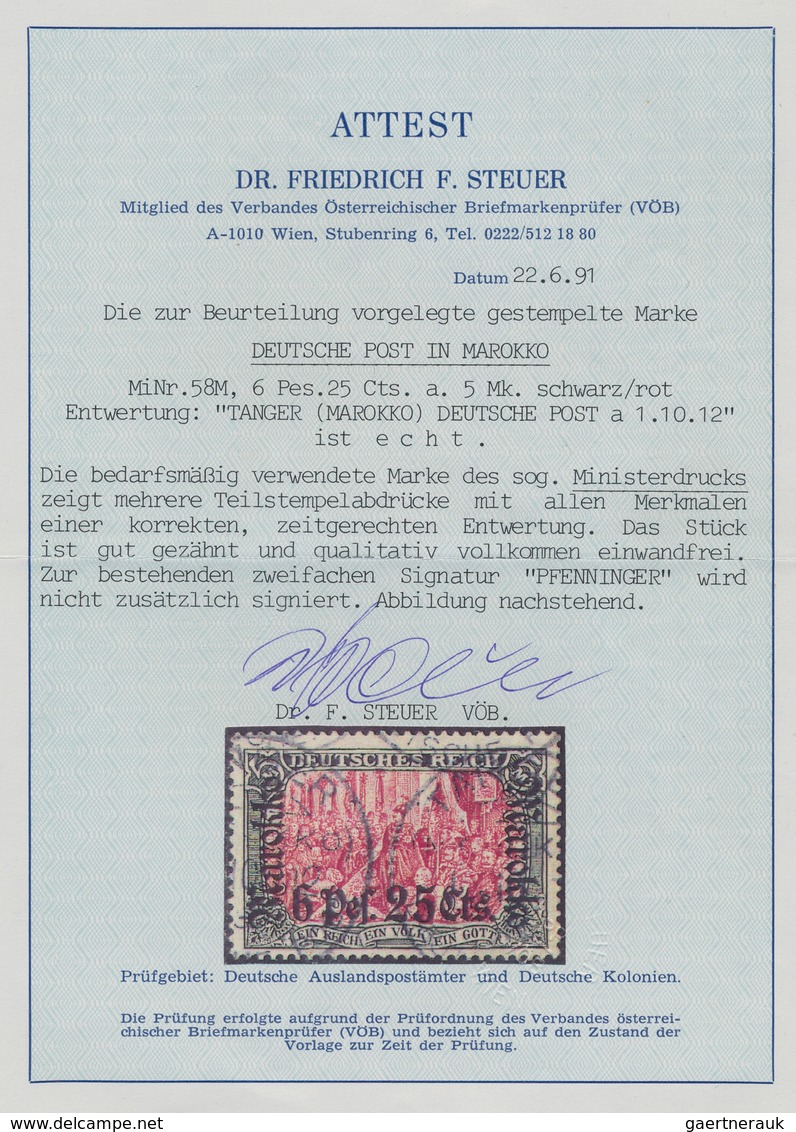 Deutsche Post In Marokko: 1912, 6 Pes. 25 Cts. Auf 5 Mark Aufdruckwert Als MINISTERDRUCK Sauber Gest - Maroc (bureaux)