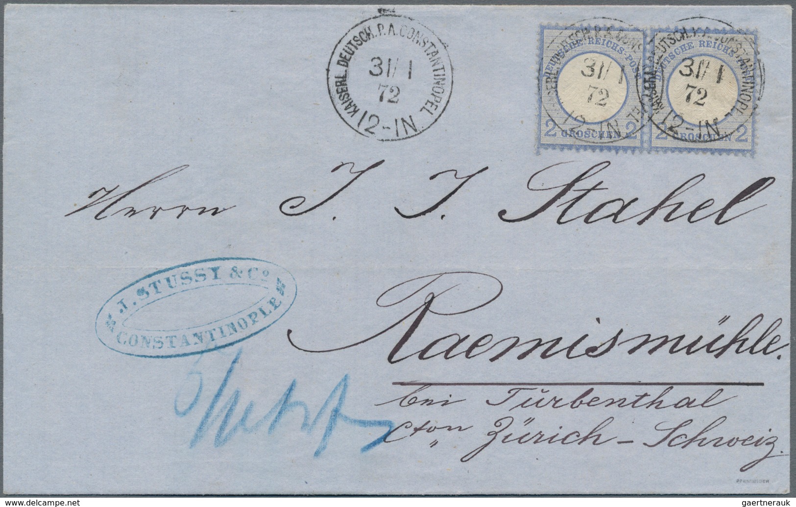 Deutsche Post In Der Türkei - Vorläufer: 1872 (31/1), 2 Gr Ultramarin Im Paar Auf Brief Von Constant - Turquie (bureaux)