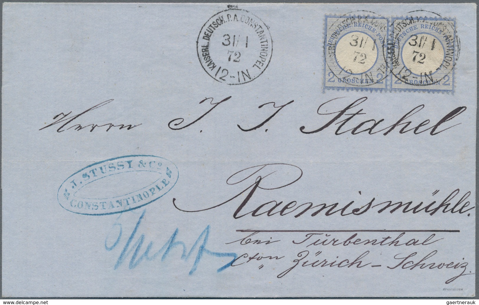 Deutsche Post In Der Türkei - Vorläufer: 1872 (31/1), 2 Gr Ultramarin Im Paar Auf Brief Von Constant - Turkse Rijk (kantoren)