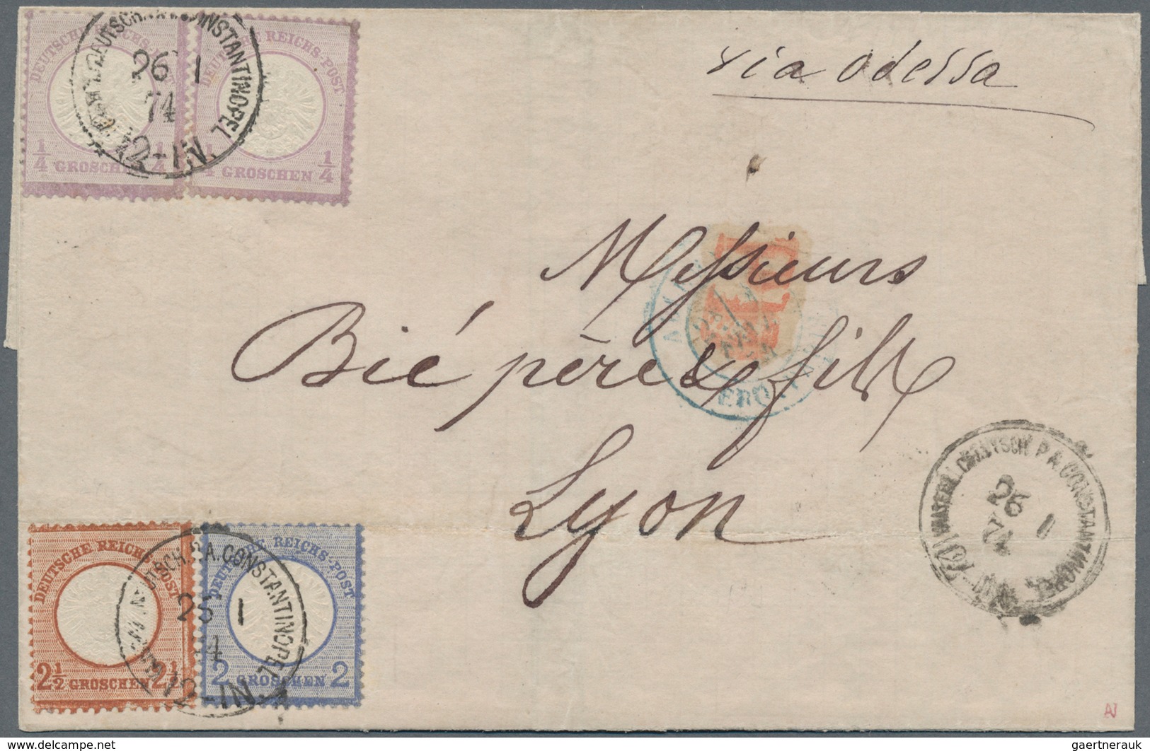 Deutsche Post In Der Türkei - Vorläufer: 1872 Großer Schild 2x ¼ Gr. Violett, 2 Gr. Blau Und 2½ Gr. - Turkse Rijk (kantoren)