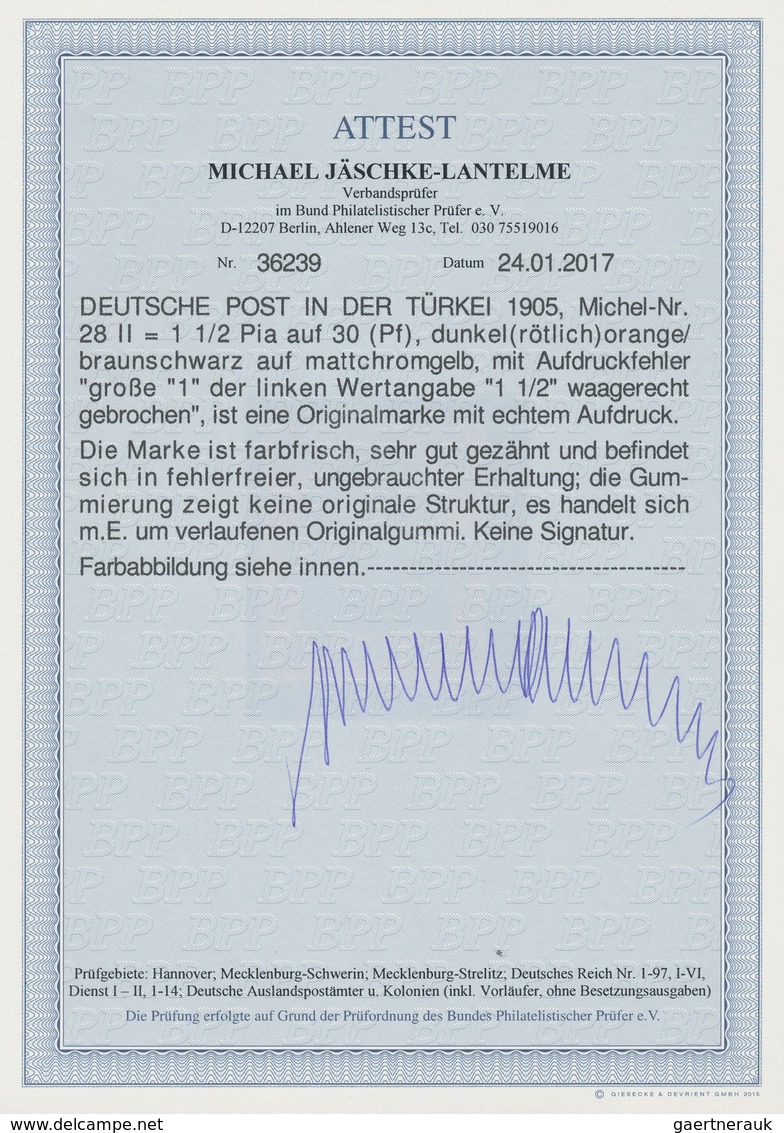 Deutsche Post In Der Türkei: 1905, 1 1/2 Pia Auf 30 Pf Germania Mit AUFDRUCKFEHLER "große 1 Waager. - Turkey (offices)