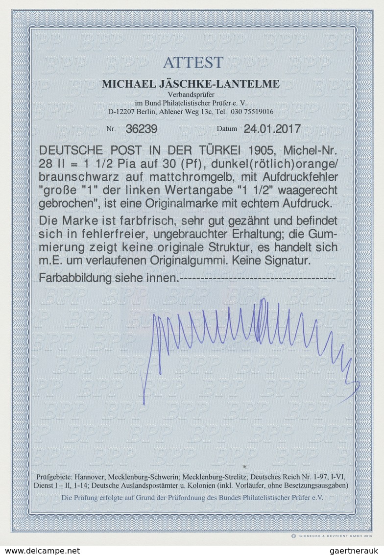 Deutsche Post In Der Türkei: 1905, 1 1/2 Pia Auf 30 Pf Germania Mit AUFDRUCKFEHLER "große 1 Waager. - Deutsche Post In Der Türkei