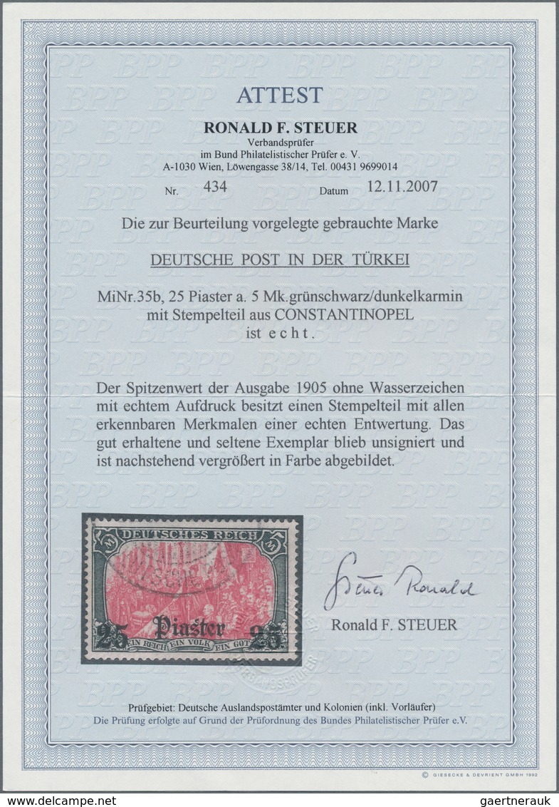 Deutsche Post In Der Türkei: 1905, 25 Pia. Auf 5 Mark Grünschwarz/dunkelkarmin Karmin Bis (bräunlich - Deutsche Post In Der Türkei