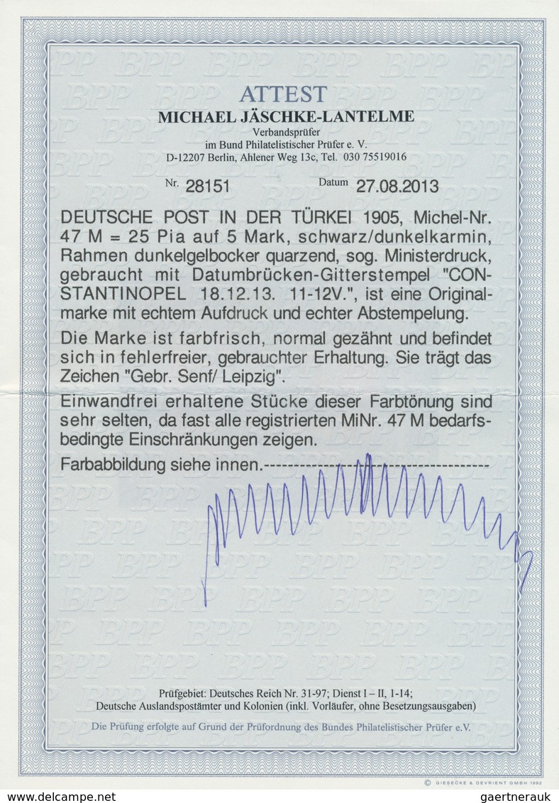 Deutsche Post In Der Türkei: 1905, 25 Pia. Auf 5 Mark Schwarz/dunkelkarmin, Sog. Ministerdruck, Farb - Deutsche Post In Der Türkei