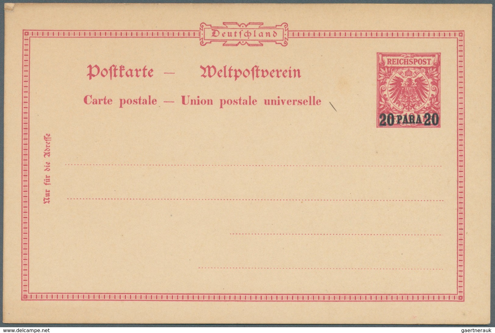 Deutsche Post In Der Türkei - Ganzsachen: 1889, Postkarte 20 PARA Auf 10 Pf Karmin Adler, Type III ( - Turkse Rijk (kantoren)