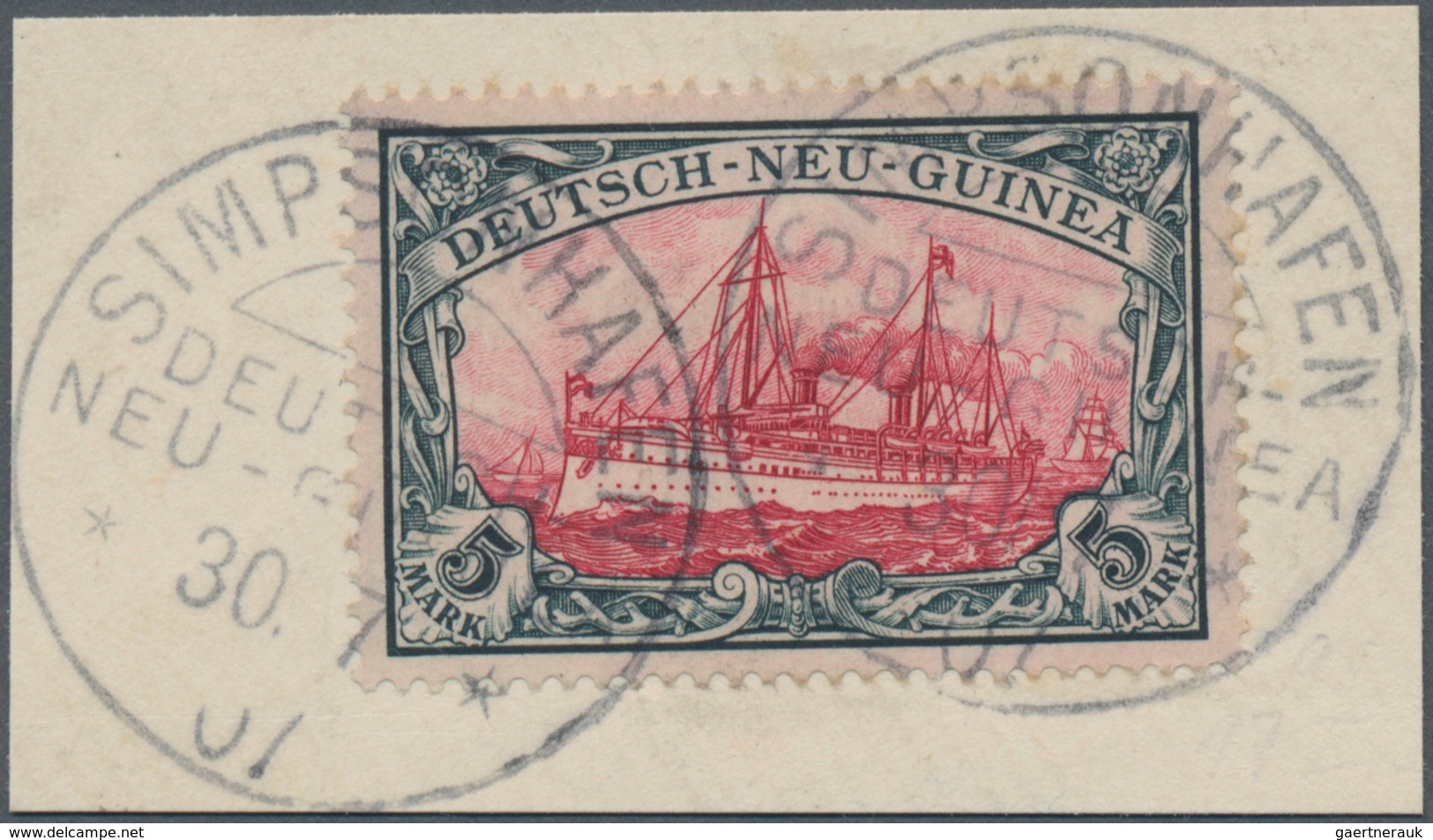 Deutsch-Neuguinea: 1901, 5 Mark Schiffszeichnung Entwertet Mit K1 "SIMPSONHAFEN" 1907 Auf Briefstück - Deutsch-Neuguinea