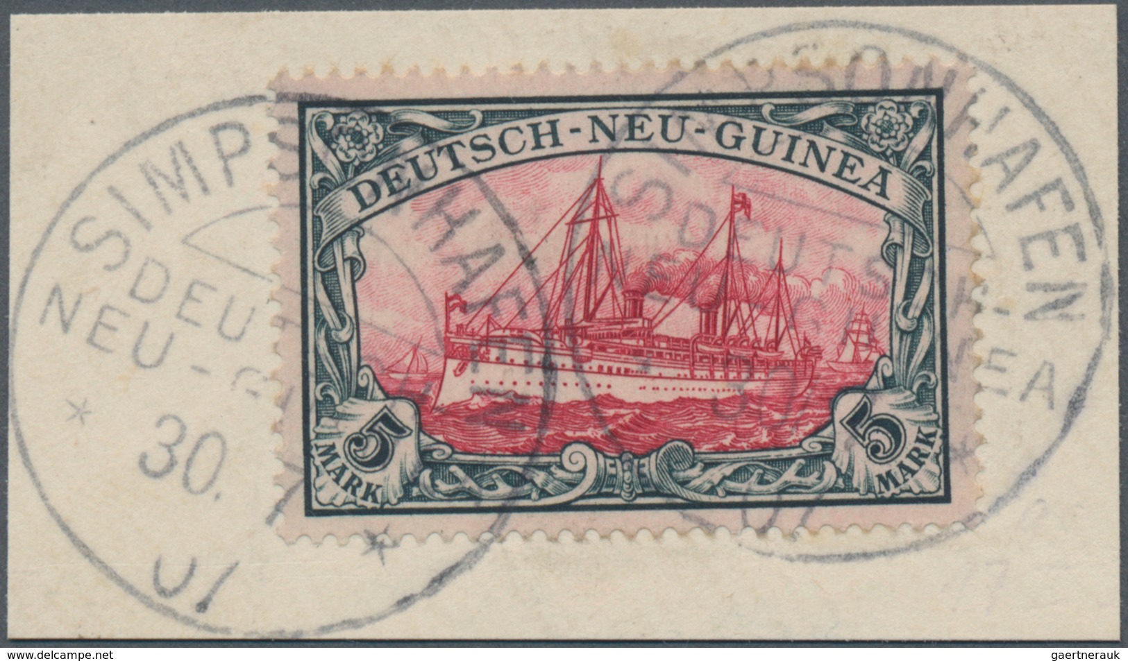 Deutsch-Neuguinea: 1901, 5 Mark Schiffszeichnung Entwertet Mit K1 "SIMPSONHAFEN" 1907 Auf Briefstück - Duits-Nieuw-Guinea