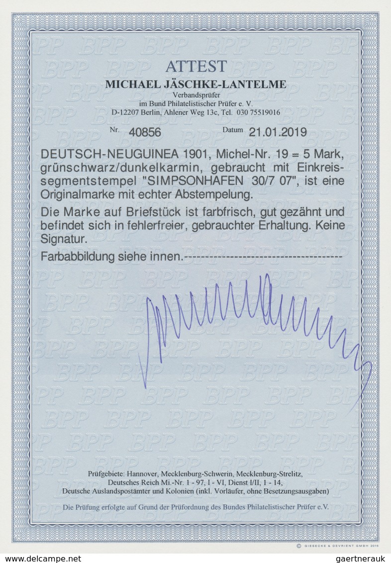Deutsch-Neuguinea: 1901, 5 Mark Schiffszeichnung Entwertet Mit K1 "SIMPSONHAFEN" 1907 Auf Briefstück - Duits-Nieuw-Guinea