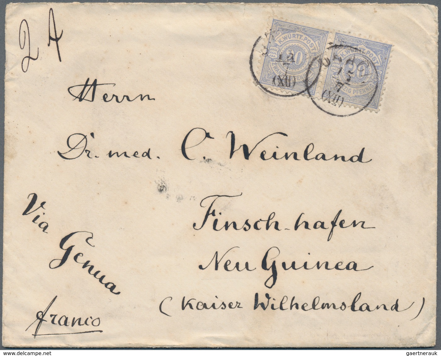 Deutsch-Neuguinea: 1889, INCOMING MAIL, Württemberg, 20 Pf Im Paar Auf Brief Der 2.Gewichtsstufe Von - German New Guinea