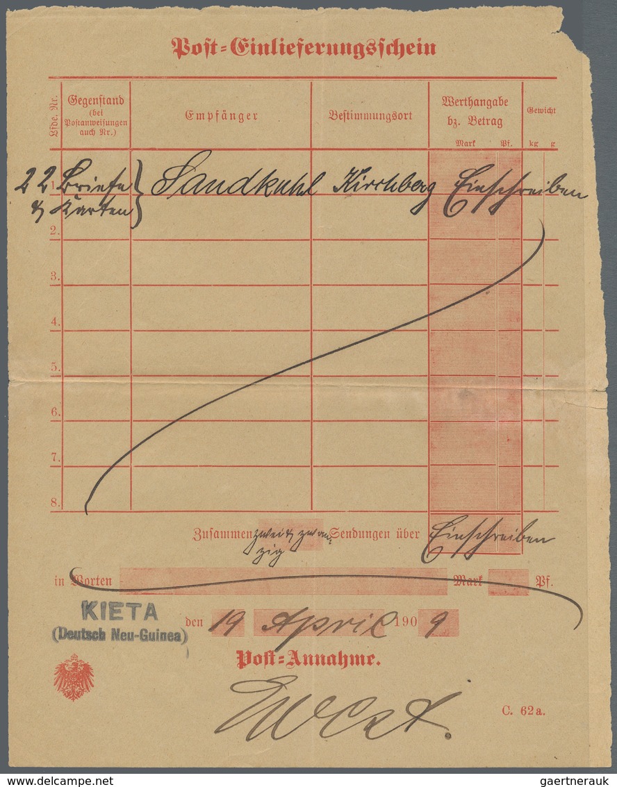 Deutsch-Neuguinea: 1909, Größerformatiger Post-Einlieferungsschein Für 22 Einschreiben Mit L2 "Kieta - Deutsch-Neuguinea