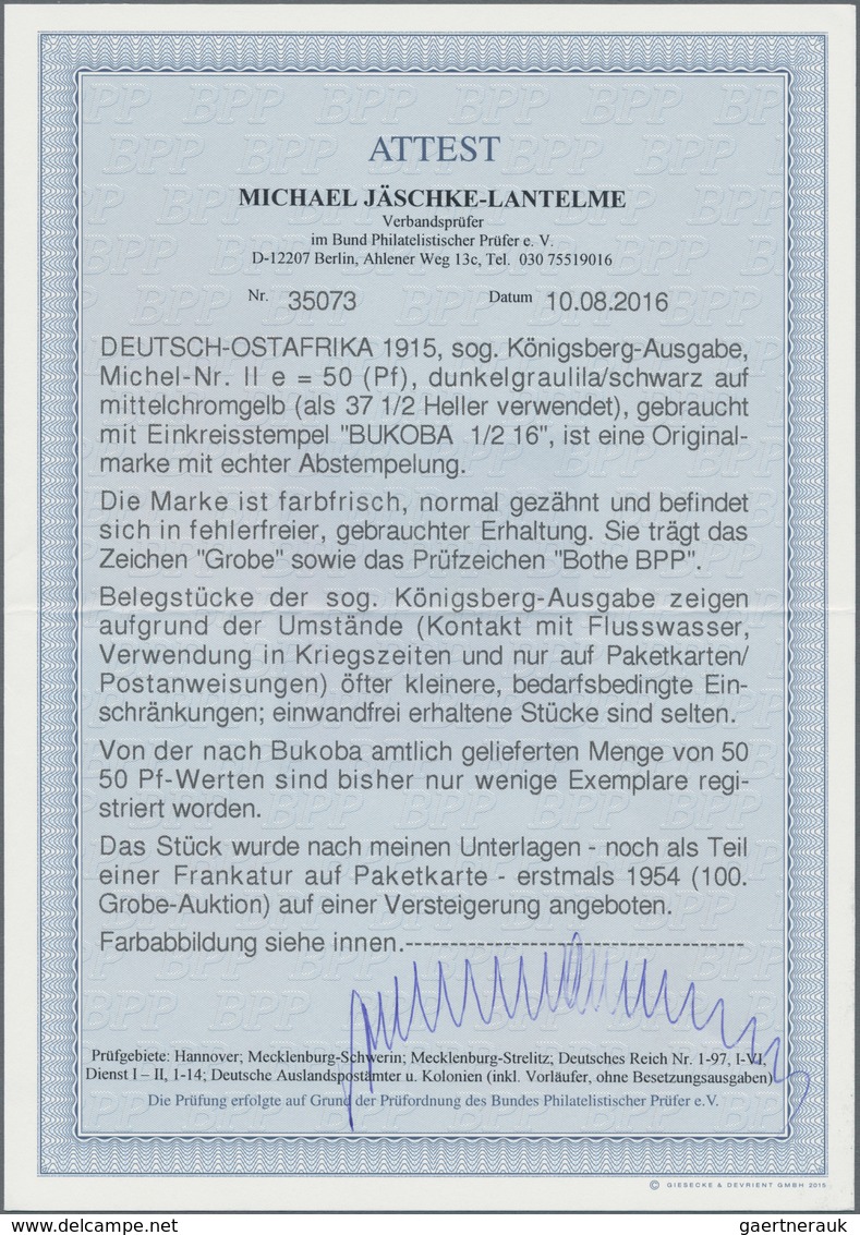 Deutsch-Ostafrika: 1915, 50 Pfg. Dunkelgraulila/schwarz Auf Mittelchromgelb (als 37 1/2 Heller Verwe - German East Africa
