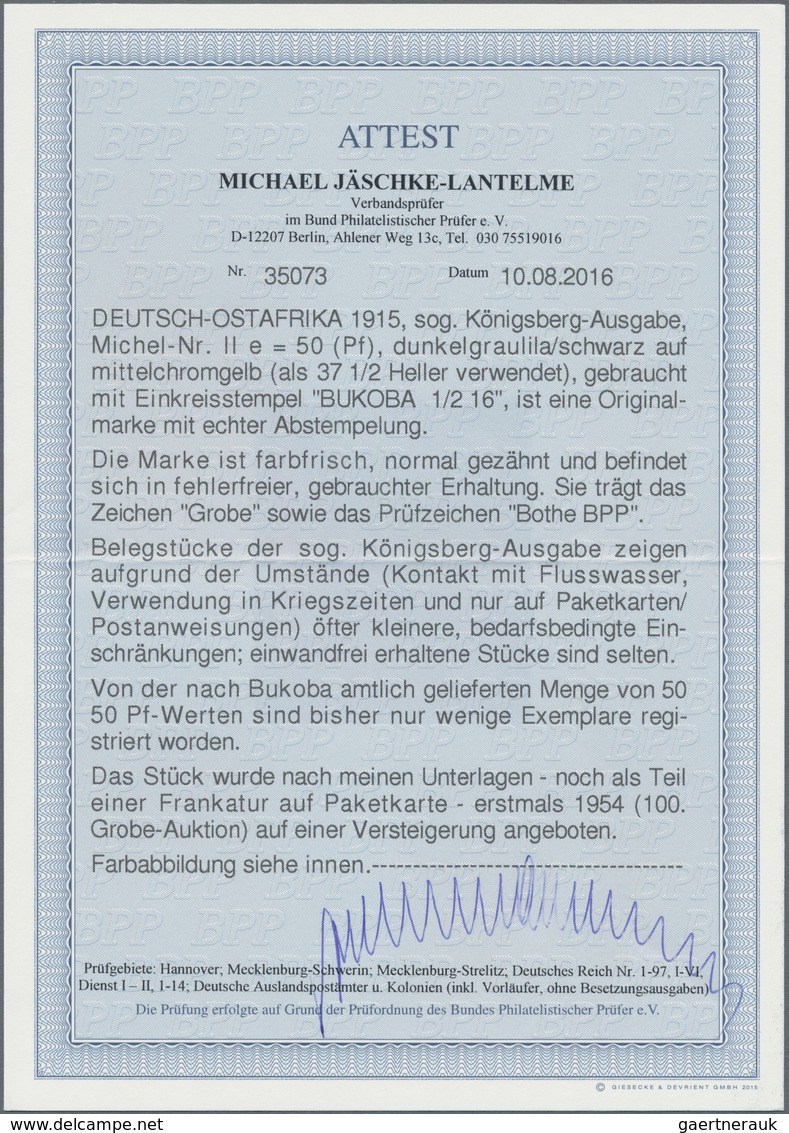 Deutsch-Ostafrika: 1915, 50 Pfg. Dunkelgraulila/schwarz Auf Mittelchromgelb (als 37 1/2 Heller Verwe - Duits-Oost-Afrika