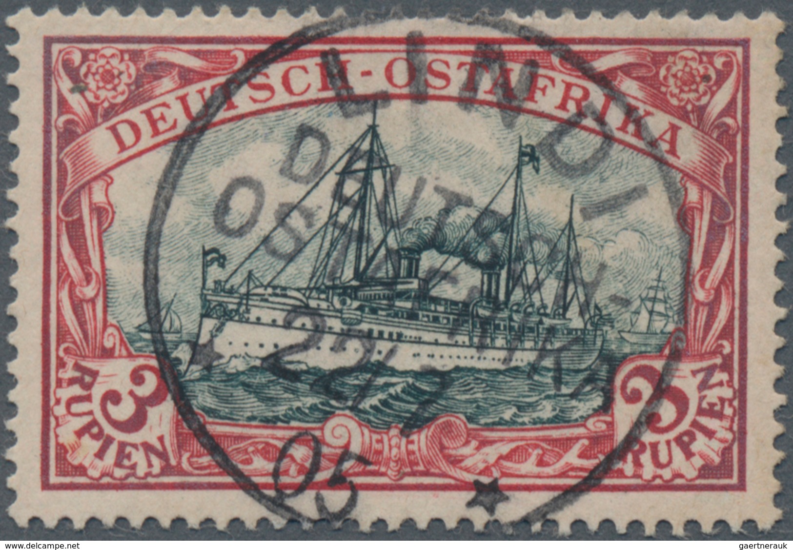 Deutsch-Ostafrika: 1901, 3 R. Kaiseryacht Dunkelrot/grün, Sauberes Luxusstück, Genau Mittig Gestempe - Duits-Oost-Afrika