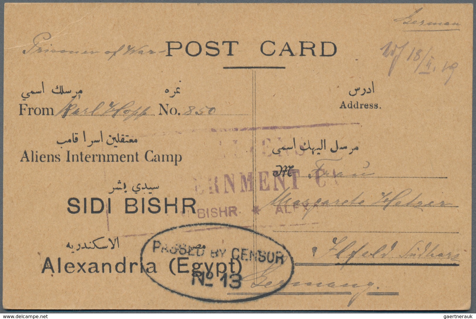 Deutsch-Ostafrika: 1917/1919, SIDI-BISHR Interniertenpost, Konvolut mit 6 verschiedenen Vordruckpost
