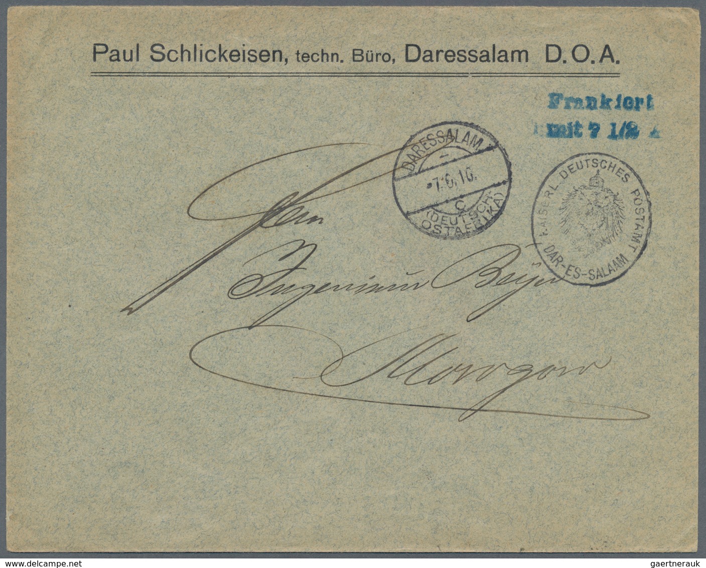 Deutsch-Ostafrika: 1916, "Frankiert Mit 7 1/2 H.", Blauer L2 Klar Und Schwarzes Dienstsiegel Auf Bed - German East Africa
