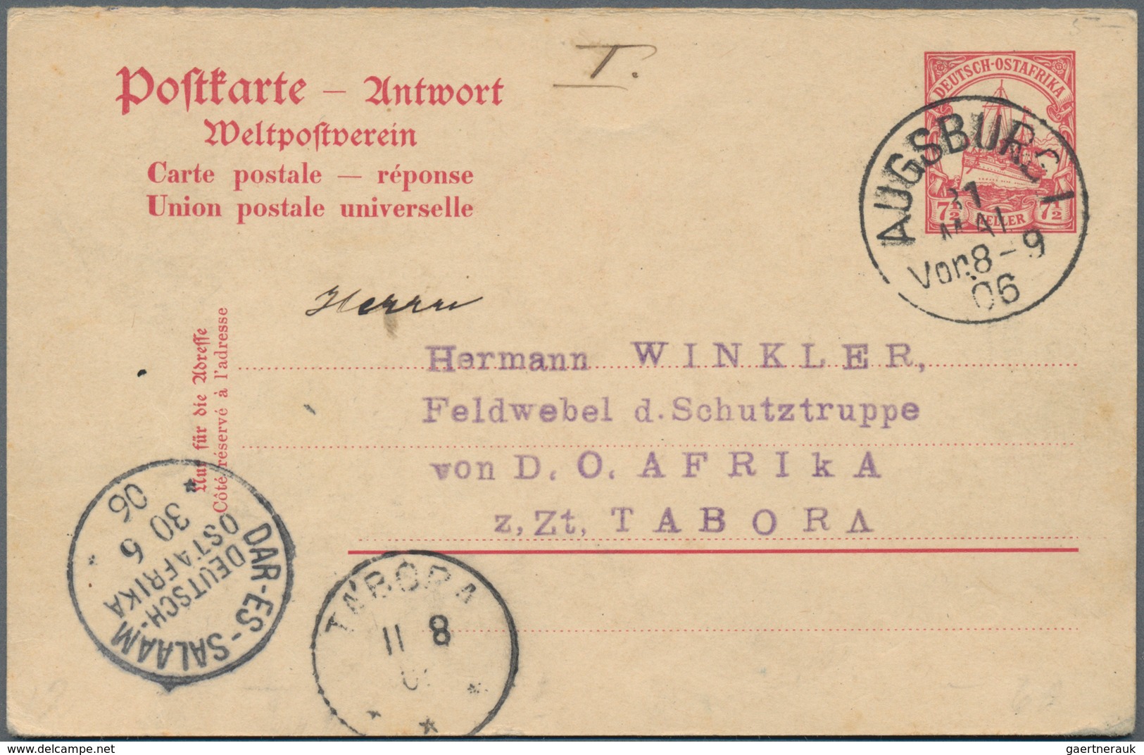 Deutsch-Ostafrika - Ganzsachen: 1906, 7 1/2 Heller Karmin Yacht, Antwortganzsache Mit Vollem Bedarfs - Duits-Oost-Afrika