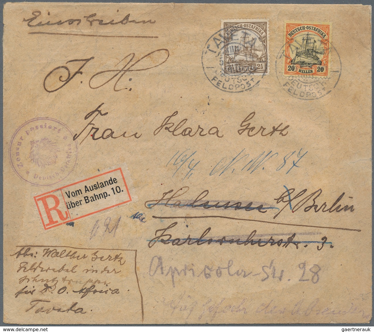 Deutsch-Ostafrika - Besonderheiten: 1914 (5.10.), 2 1/2 + 20 Heller (fehlender Eckzahn) Auf Bedarfs- - Afrique Orientale