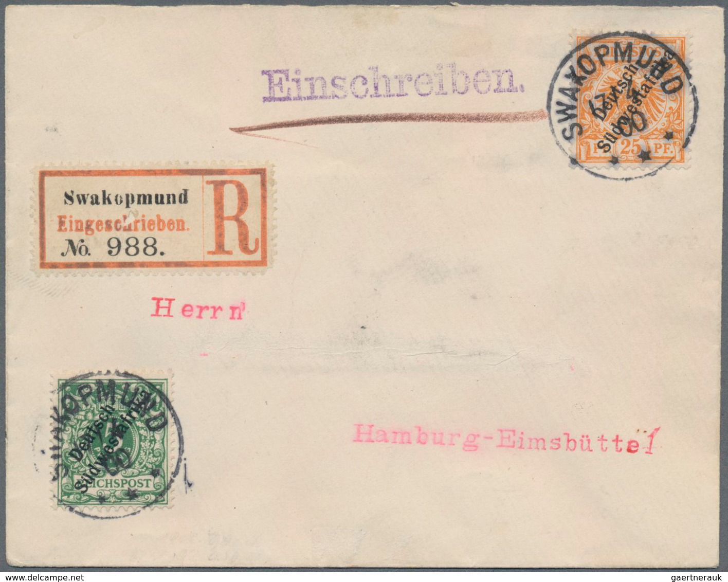 Deutsch-Südwestafrika: 1900, 25 Pfg. Gelblichorange Zus. Mit 5 Pfg. Grün, Portogerechte Frankatur Au - German South West Africa