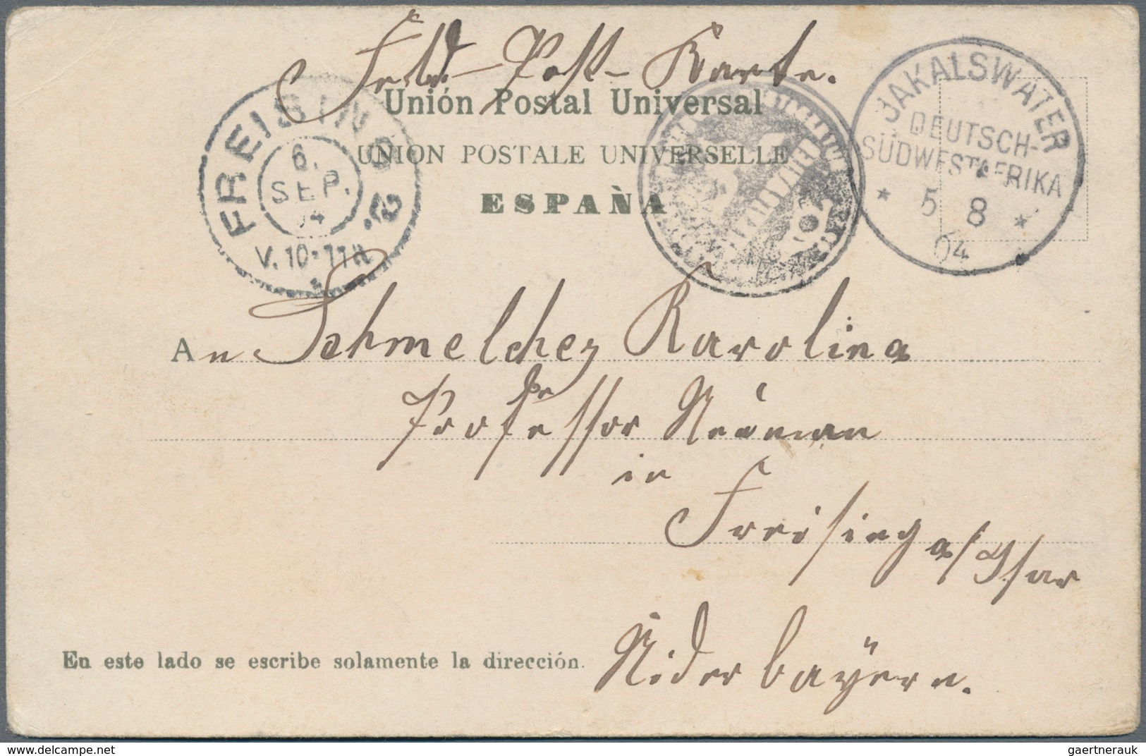 Deutsch-Südwestafrika: 1904, Feldpostkarte Aus "JAKALSWATER D.O.A. 5.8.04" Mit Beigesetztem Siegelst - Sud-Ouest Africain Allemand