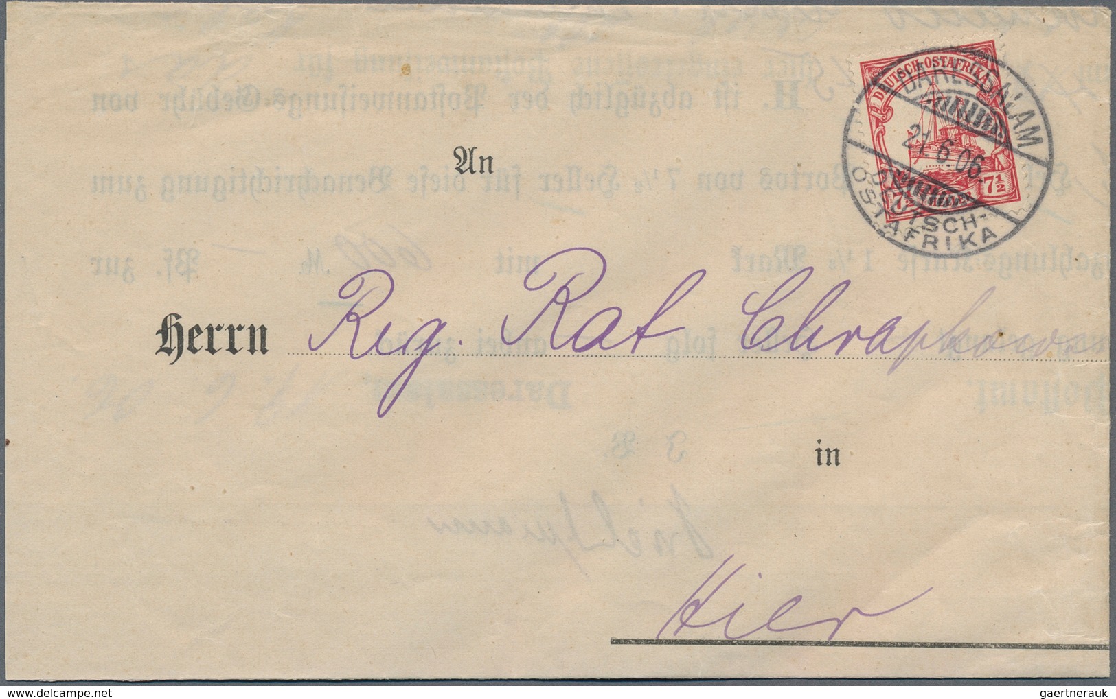 Deutsch-Südwestafrika: 1905, 7 1/2 H. Kaiseryacht Mit Stempel "DARESSALAM DOA 21.6.06" Auf Orts-Falt - German South West Africa