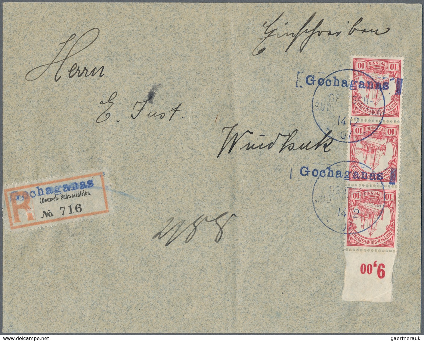 Deutsch-Südwestafrika - Stempel: 1907 (14.12.) Blauer Wanderstempel Mit Blauem Einzeiler "Gochaganas - Duits-Zuidwest-Afrika
