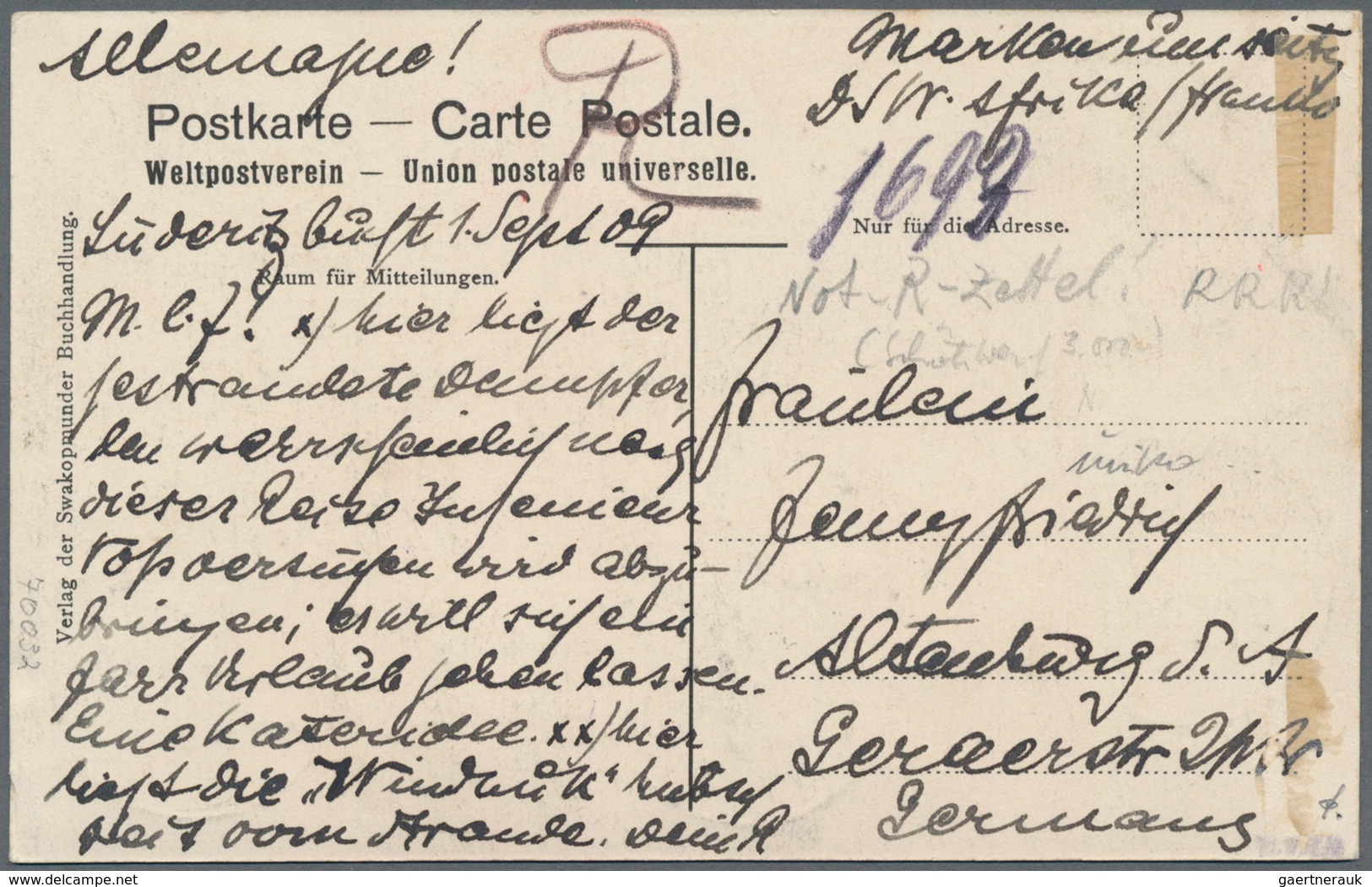 Deutsch-Südwestafrika - Stempel: 1909 DOA 2mal 4 H.u.1mal 20 Pf. Blau Auf Einschreibe-Karte M.prov.R - Deutsch-Südwestafrika