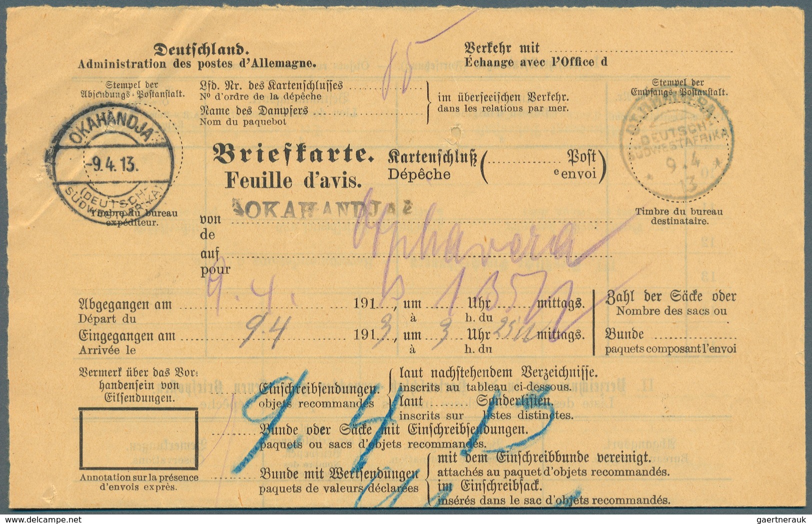 Deutsch-Südwestafrika - Besonderheiten: 1913, 9. 4., 2-sprach. Formular "Briefkarte" (Begleitschein) - Sud-Ouest Africain Allemand