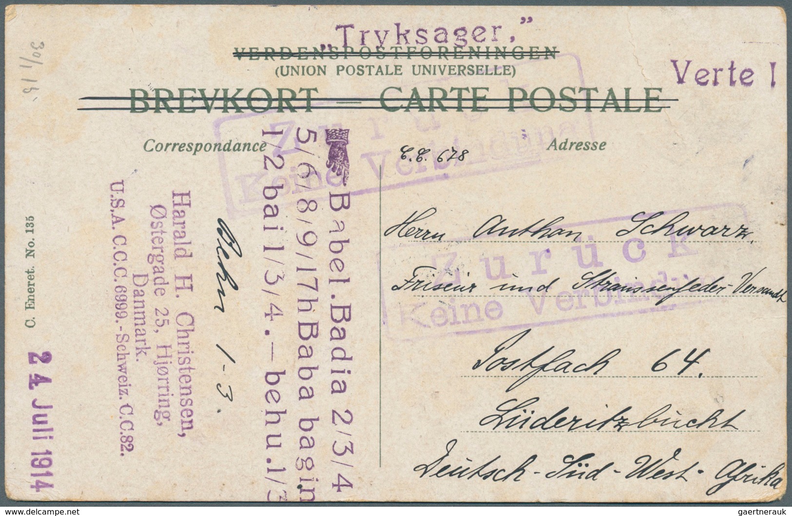 Deutsch-Südwestafrika - Besonderheiten: 1914 (24.7.), UNTERBROCHENER POSTVERKEHR: Bildseitig Frankie - Deutsch-Südwestafrika