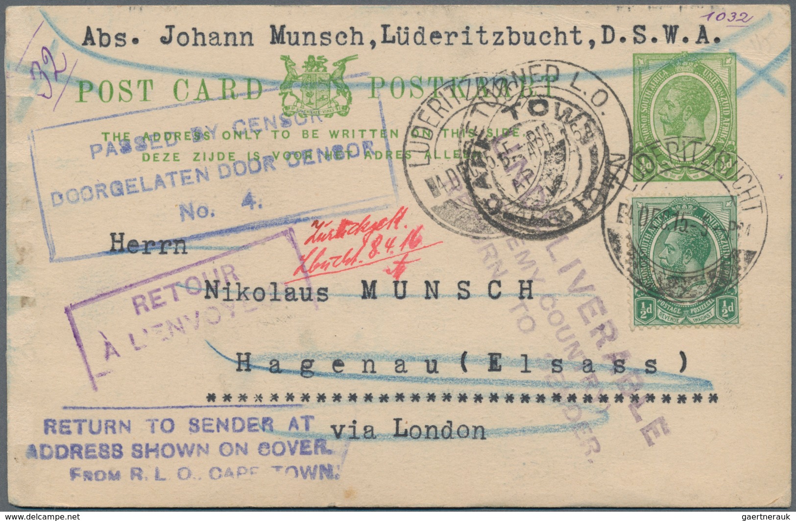 Deutsch-Südwestafrika - Besonderheiten: 1915, Uprated South African Stationery Card Sent From "LUDER - Sud-Ouest Africain Allemand