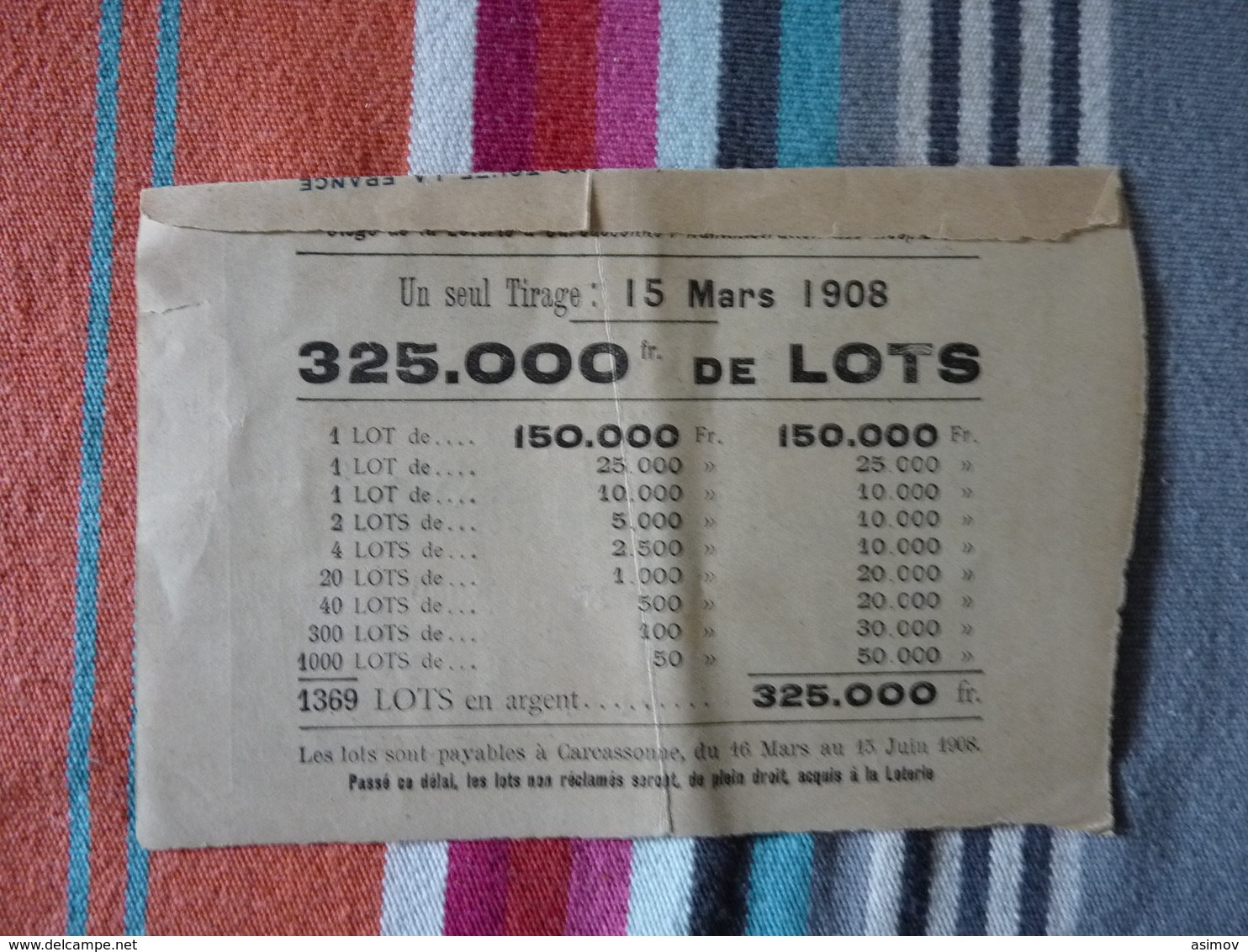 Loterie Pour La Reconstruction Des Hôpitaux De Carcassonne 15 Mars 1908 - Lottery Tickets