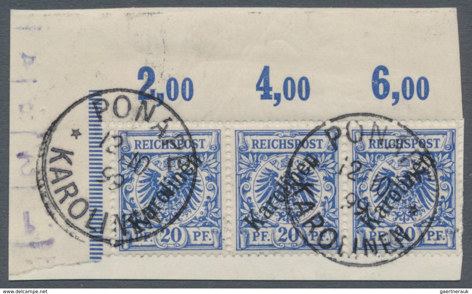 Deutsche Kolonien - Karolinen: 1899, 20 Pfg. Mit Diagonalem Aufdruck Im Waagerechten 3er-Streifen Au - Karolinen