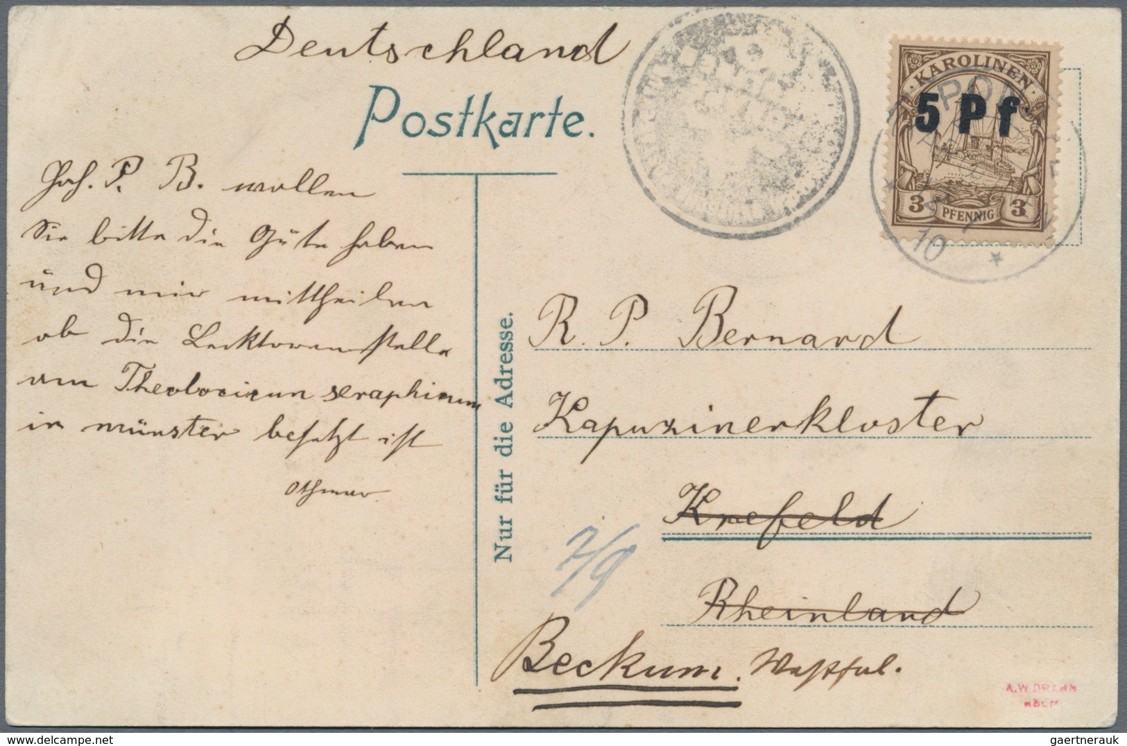 Deutsche Kolonien - Karolinen: 1910, 5 Pf Auf 3 Pfg. Kaiseryacht, Sogen. 2. "Ponape"Aushilfs-Ausgabe - Carolines