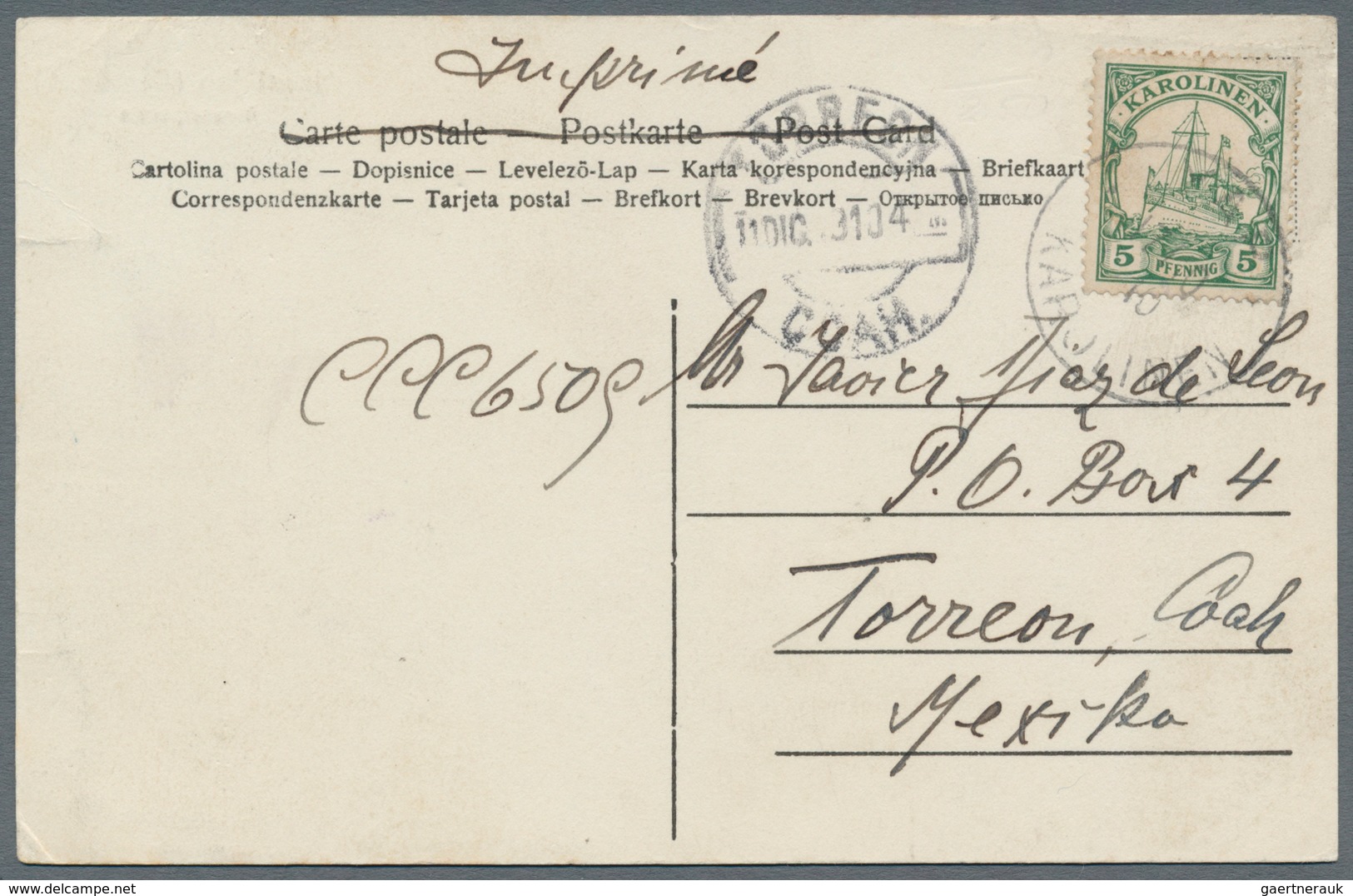Deutsche Kolonien - Karolinen: 1900, 5 Pfg. Kaiseryacht Mit Stempel "YAP KAROLINEN 17.10.10" Auf Ans - Carolinen