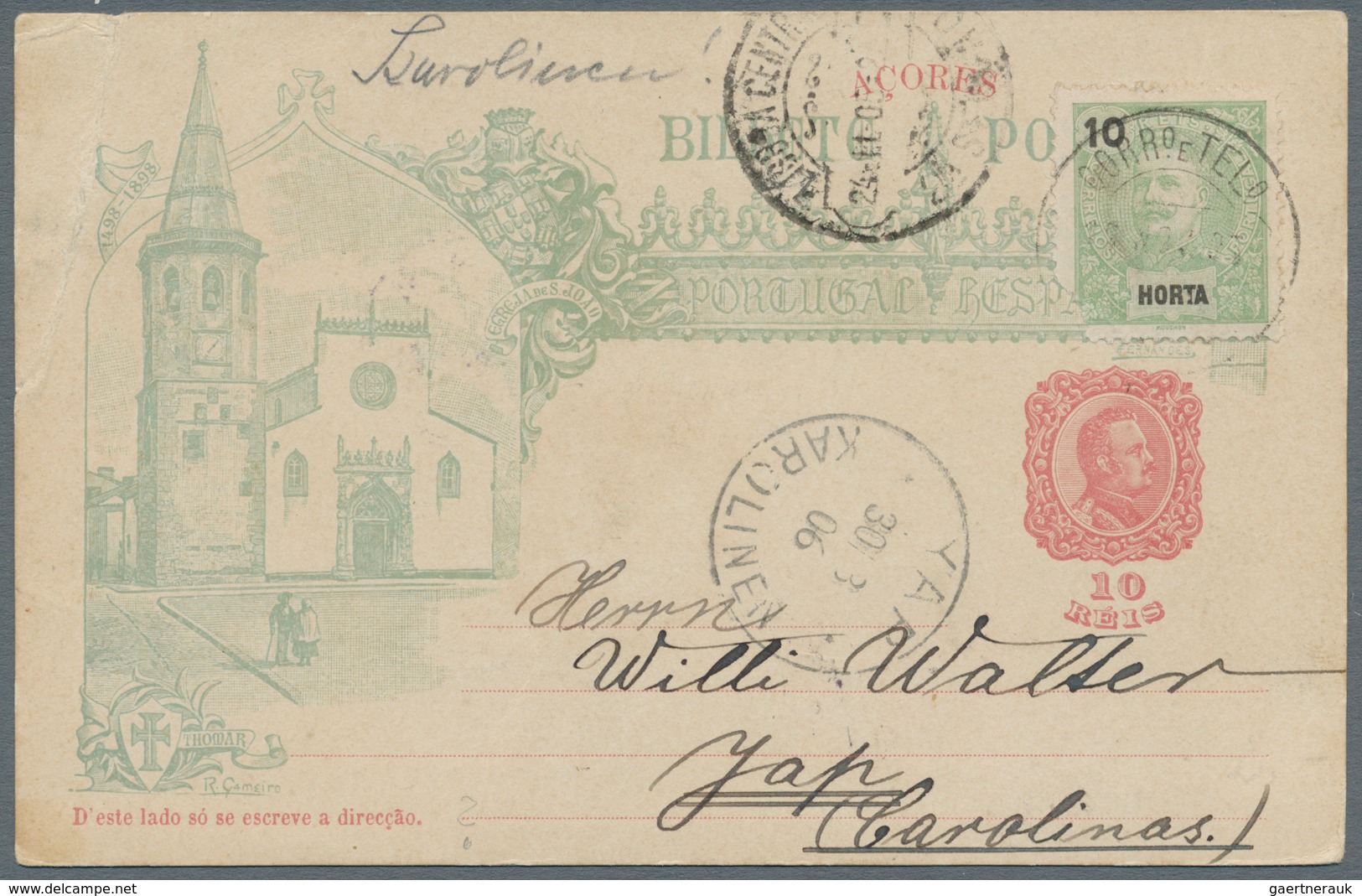 Deutsche Kolonien - Karolinen - Besonderheiten: Incoming Mail: 1905, Horta 10 R. Grün/schwarz (Eckfe - Caroline Islands